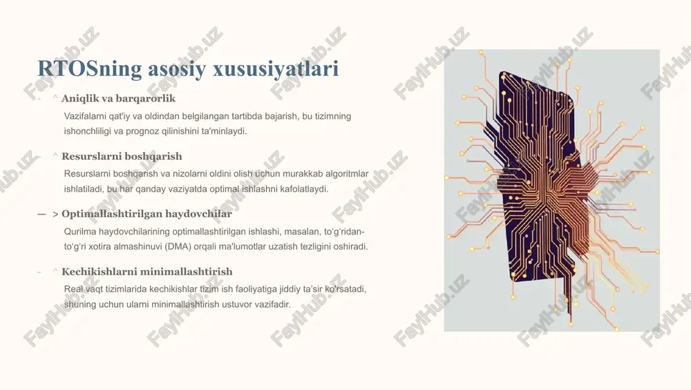 aniq vaqt chegaralarida ishlashga mo'ljallangan. 1950-60-yillar rtosga 1950-60-yillarda asos solingan. dastlab harbiy va kosmik loyihalarda foydalanilgan. bugungi kunda bugungi kunda sanoat, harbiy va tijorat sohalarida keng qo‘llaniladi, jumladan avtomobil va tibbiyotda. zamonaviy rtos zamonaviy rtoslar ko'p yadroli va taqsimlangan tizimlarda ham samarali ishlaydi, bu esa ularning imkoniyatlarini yanada kengaytiradi. rtos tanlashda e'tibor beriladigan omillar javob berish vaqti tizimning kechikish chegaralariga mos kelishi muhimdir. xavfsizlik mexanizmlari resurslarni boshqarish va xavfsizlik funksiyalarining samaradorligi. apparat bilan moslik qurilma haydovchilari va apparat bilan to'liq moslashish. mashhur rtoslar freertos, vxworks, qnx kabi mashhur rtoslar orasidan tanlash. xulosa: haqlqiy vaqt rejimida ishlovchi si tizimlari kelajagi rolining ortishi: iot (narsalar internet!), avtomatlashtirish va sun'iy intellekt sohalarida rtoslar roli tobora ortib bormoqda, bu esa ularning kelajakdagi ahamiyatini belgilaydi. innovatsiyalar: energiya tejash va yuqori samaradorlik uchun yangi algoritmlar va apparat yechimlari doimiy ravishda ishlab chiqilmoqda. hayotimizdagi o'rni: haqiqiy vaqt tizimlari hayotimizni xavfsiz, qulay va samarali qilishda muhim omil bo‘lib …