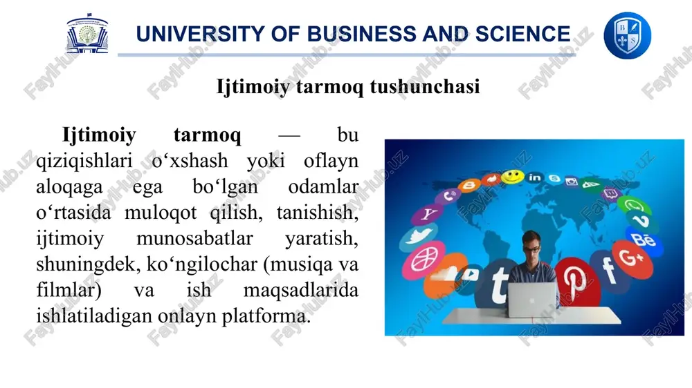 nozaralar kelib chiqishi diniy eʼtiqodlarning yuzaki boʻlishi: - baʼzi odamlar faqat ijtimoiy tarmoqlarda diniy kontent bilan shugʻullanib, amaliy diniy amallarni eʼtiborsiz qoldirishi university of business and science ijtimoiy tarmoqlarning diniy va psixologik taʼsiri psixologik taʼsiri qiyoslash va past oʻzini hurmat qilish: - ijtimoiy tarmoqlarda boshqalarning "mukammal" hayoti koʻrsatilishi odamlarda yetishmovchilik hissini uygʻotishi asabiylashish va stress: - doimiy ravishda yangiliklar, xabarlar va bahslarga koʻmilib qolish stress va asabiylashishga olib kelishi mumkin izlanish va vaqtni isrof qilish: - ijtimoiy tarmoqlarda koʻp vaqt sarflash samaradorlikni pasaytiradi va real hayotdagi aloqalarni zaiflashtiradi nomutanosib hayot tarzi: - ijtimoiy tarmoqlarda koʻrsatilgan "mukammal" hayot tarzi odamlarni notoʻgʻri qarorlar qabul qilishga undashi mumkin. e’tiboringiz uchun rahmat image1.png image2.png image3.jpeg image4.jpeg image5.jpeg image6.jpeg image7.jpeg image8.png /docprops/thumbnail.jpeg
