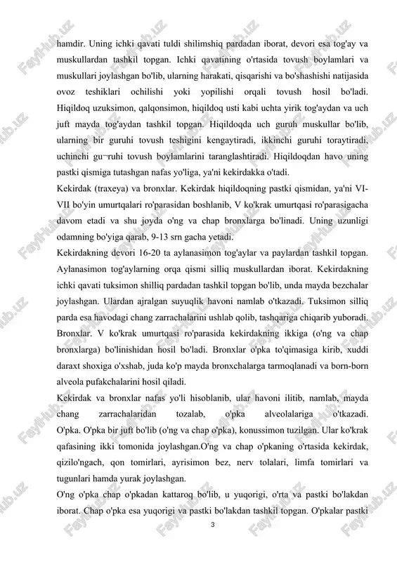 ro'parasida kekirdakning ikkiga (o'ng va chap bronxlarga) bo'linishidan hosil bo'ladi. bronxlar o'pka to'qimasiga kirib, xuddi daraxt shoxiga o'xshab, juda ko'p mayda bronxchalarga tarmoqlanadi va born-born alveola pufakchalarini hosil qiladi. kekirdak va bronxlar nafas yo'li hisoblanib, ular havoni ilitib, namlab, mayda chang zarrachalaridan tozalab, o'pka alveolalariga o'tkazadi. o'pka. o'pka bir juft bo'lib (o'ng va chap o'pka), konussimon tuzilgan. ular ko'krak qafasining ikki tomonida joylashgan.o'ng va chap o'pkaning o'rtasida kekirdak, qizilo'ngach, qon tomirlari, ayrisimon bez, nerv tolalari, limfa tomirlari va tugunlari hamda yurak joylashgan. o'ng o'pka chap o'pkadan kattaroq bo'lib, u yuqorigi, o'rta va pastki bo'lakdan iborat. chap o'pka esa yuqorigi va pastki bo'lakdan tashkil topgan. o'pkalar pastki tomondan diafragma, orqa tomondan umurtqa pog'onasi, oldingi tomondan to'sh suyagi va atrof tomondan qovurg'alar bilan chegaralangan. o'pka to'qimasi daraxtsimon shakldagi o'rtacha, mayda va eng mayda bronxchalardan hamda pufakchasimon alveolalardan tashkil topgan. o'pka to'qimasi bronxlar va alveolalardan tashkil topganligi tufayli, u g'ovaksimon tuzilgan bo'ladi. o'pka …