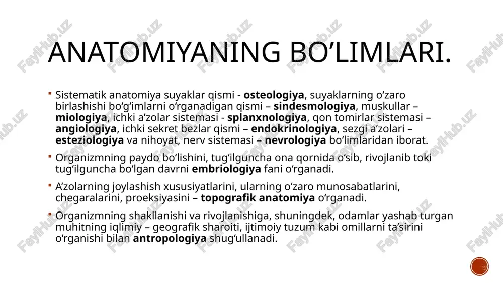 arajisini aniqlash maqsadida, inson gavdasining shakli murakkab tuzilganligi sababli uning o‘lchovlarini aniqlashda qo‘llaniladi. ulchashning 2 usuli farqlanadi – total va partsial o‘lchovlarni aniqlash. total o‘lchovlariga – tananing massasi, uzunligi va ko‘krak qafasining aylanmasini o‘lchovlari partsial o‘lchovlariga – tananing tashkil etuvchi ayrim qism yoki zvenolarni bo‘yiga, ko‘ndalangiga va aylanma ko‘rsatkichlarini aniqlashi kiradi. ikkinchi guruh usullari. somatoskopik usuli - yaxlit odam tanasini yoki uni tashkil etuvchi qismlarini sirtdan tekshirish. bu usul asosida ko‘krak qafasining shakli, muskullarning va teri osti yogʻ qatlamini rivojlanish darajasini, umurtqa pog‘onasining qiyshiqliklarini, tana qonstitutsiyasi xususiyatlarini aniqlash mumkin. endoskopik usuli – ichki a’zolarni ichki yuzalarini va a’zolar ichida ro‘y berayotgan jarayonlarni tekshirish mumkin. endoskop asbobi yordamida hazm tizimining a’zolarini, nafas olish tizimining a’zolarini, yurak, qon tomirlarni, siydik ajratish tizimining a’zolarini chuqur o‘rganish mumkin. anatomiya fani rivojlanishining qisqacha tarixi. bizning eramizgacha 700-600 yillarda qadimgi gretsiyada odam anatomiyasidan sistematik ma’lumotlar to‘plangan gippokrat (eramizdan 460-377 yil ilgari yashagan) buyuk grek taffakurshunosi, butun …