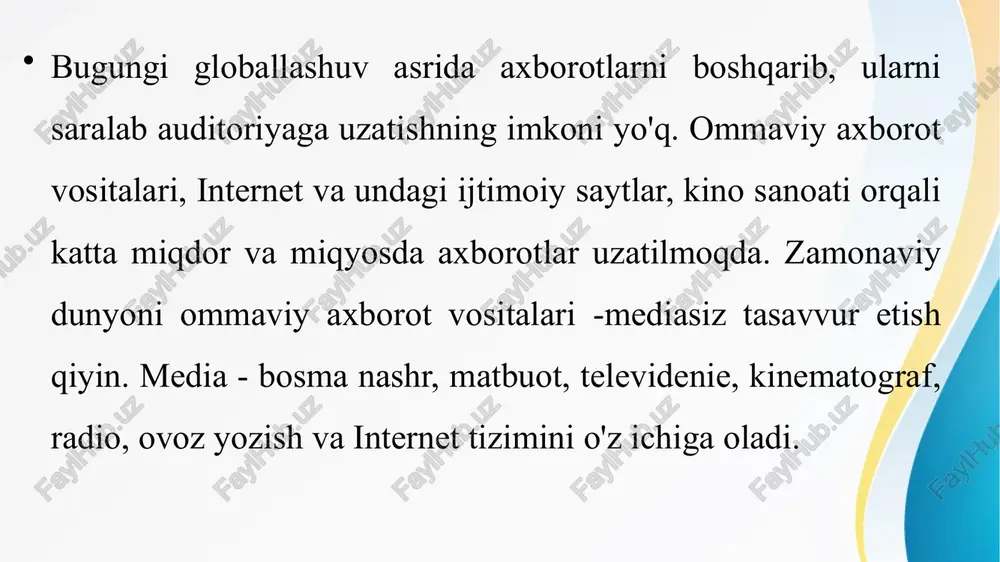 atilgan ommaviy axborot vositalarining yordamida shaxs, ommaviy axborot vositalari, ijodiy, kommunikativ qobiliyatlarni rivojlantirish, tanqidiy fikrlash, idrok etish, talqin qilish, media-matnlarni tahlil qilish va baholash, media texnologiyasidan foydalangan holda o’zini o’zi ifoda etishning turli shakllarini o’rganadi. oʻzbekiston respublikasining qonuni o‘rq-637-sonli qonuni 23 sentyabr 2020 yilda qabul qilingan. 11 bob 77 moddadan iborat .bu qonunnning 31- moddasi va 10 bobi 57 va 57 prim 1 qismida nodavlat oliygohlari va ularga litsenziyalar berish tartiblari bo’yicha,68 moddadad esa ta’limdagi xalqaro hamkorlik masalalari haqida ko’rsatmalar berilgan. ushbu qonunnning 15-moddasiga ko’ra o’zbekistonda quyidagi taʼlim olish shakllari mavjud. taʼlim olish shakllari quyidagilardan iborat: ishlab chiqarishdan ajralgan holda taʼlim olish (kunduzgi); ishlab chiqarishdan ajralmagan holda taʼlim olish (sirtqi, kechki, masofaviy); dual taʼlim; oilada taʼlim olish va mustaqil taʼlim olish; katta yoshdagilarni oʻqitish va ularga taʼlim berish; inklyuziv taʼlim; eksternat tartibid 9-modda. umumiy oʻrta va oʻrta maxsus taʼlim deb nomlanib unga ko’ra umumiy oʻrta va oʻrta maxsus taʼlim umumtaʼlim …
