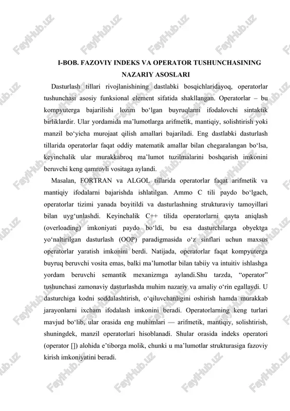 rasiga fazoviy kirish imkoniyatini beradi. fazoviy indeks tushunchasi dasturlash nazariyasida “elementga murojaat qilish mexanizmi” sifatida talqin qilinadi. ya’ni, u dasturchiga ma’lum bir ma’lumotlar majmuasining (massiv, vektor, matritsa yoki obyekt) tarkibidagi elementni uning fazoviy holati – ya’ni indeks raqami orqali chaqirish imkonini beradi. oddiy misol sifatida massivni olaylik: massivda har bir element o‘zining indeksiga ega. shu indeks orqali kerakli elementni aniqlash, o‘zgartirish yoki o‘chirish mumkin bo‘ladi. biroq obyektga yo‘naltirilgan dasturlash tamoyillari rivojlanishi bilan bu mexanizm yanada chuqurlashdi. endilikda faqat massivlarda emas, balki foydalanuvchi tomonidan yaratilgan sinflarda ham indekslash imkoniyati paydo bo‘ldi. buning uchun c++ tilida “operator[]” ni qayta aniqlash (operator overloading) usuli joriy etilgan. bu usul orqali dasturchi o‘z obyektlari uchun individual tarzda indekslash qoidalarini belgilab beradi. natijada, oddiy massivlarga o‘xshash tarzda murakkab obyektlar ustida ham indekslash amallarini bajarish mumkin bo‘ladi. masalan, agar dasturchi “vektor” nomli sinf yaratsa, u ichida elementlarga indeks orqali murojaat qilishni quyidagi tarzda tashkil etadi: class vektor …