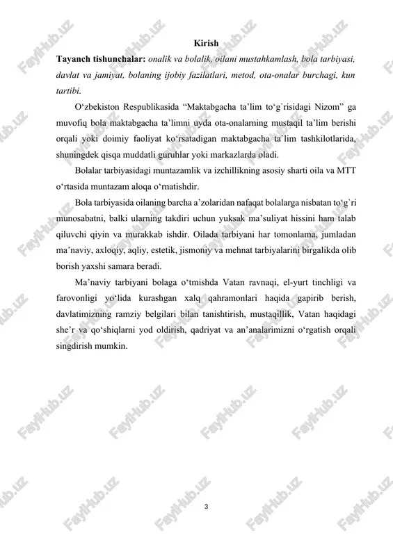hamiyatidagi vazifadir. uning to‘g`ri hal qilinishi tarbiya ishining qo‘yilishiga kompleks yondashishga tarbiyaviy muassasalarning, oila va jamiyatchilikning to‘liq o‘zaro ta’siri va harakatlarning birligiga bog`liq. maktabgacha yoshdagi bolaning maktab ta’limiga utishi hamisha uning hayoti, axloqi, qiziqishi va munosabtalarida anchayin jiddiy o‘zgarishlarni yuzaga chiqaradi. shuning uchun bolani maktabgacha ta`lim ashkilotida yoki uyda maktab ta’limiga tayyorlash, uni uncha qiyin bo‘lmagan bilim, tushuncha, ko‘nikma va malakalar bilan tanishtirish lozim. maktabgacha ta’lim tashkilotlarida tarbiyachilar tomonidan o‘tkaziladigan ta`limiy faoliyat jarayonida bolalarda mustaqil fikrlash ko‘nikma va malakalari hosil qilinadi, tarbiyachining so‘zini tinglash, o‘rtoqlari bilan gaplashmaslik, har bir tarbiyachi tomonidan berilgan savollarga javob berishga harakat qilish, tarbiyachi tomonidan aytilgan fikrlarni takrorlashga o‘rgatib boriladi. har bir yosh guruhlarda qancha ta`limiy faoliyat o‘tkazish mtt ta’lim-tarbiya dasturida belgilab qo‘yilgan. tarbiyachi ta`limiy faoliyatlar jarayonida yangi pedagogik texnologiya materiallaridan va tarbiyaning samarali metod va usullaridan foydalana, bolaning yosh, ruhiy-fiziologik xususiyatlari inobatga olinsa, tarbiya berishning samaradorligi oshadi. tarbiyachi har bir bolaning imkoniyatlarini aniqlab olishi kerak, …