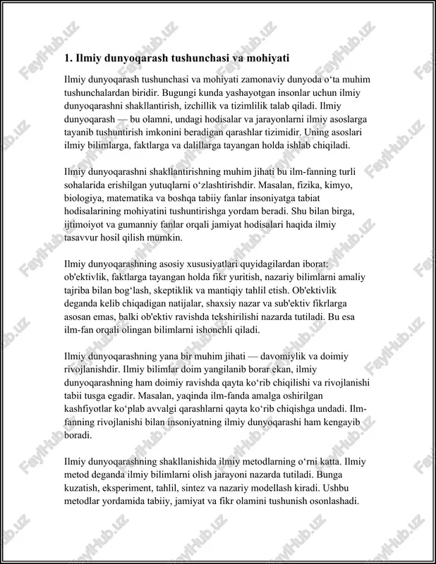 r. 2. ilmiy dunyoqarashning tarixiy rivoji ilmiy dunyoqarashning shakllanishi va uning tarixiy rivoji insoniyat jamiyatining aqliy taraqqiyoti bilan chambarchas bog‘liqdir. ilmiy dunyoqarashning asosiy maqsadi insonning atrof-muhit, tabiat va jamiyat bilan muloqoti, shuningdek, ularning qonuniyatlarini anglashdan iboratdir. ilk davrlarda odamlar tabiat hodisalarini tushunishga urinishdi, lekin yetarli bilim va tushunchalarning yo‘qligi sababli, ularning dunyoqarashlari ko‘pincha miflar va afsonalar orqali shakllanardi. ana shu holatda ilmiy dunyoqarashning tug‘ilishi uzoq tarixiy jarayon bo‘lgan. ilmiy dunyoqarashning birinchi bosqichlari qadimgi misr va mesopotamiyada kuzatila boshlagan. bu davrda astronomik kuzatishlar, oddiy matematik amallar va tibbiyotning ilk ustunlari shakllana boshladi. misrning miloddan avvalgi davrlardagi astronomlari yilni 365 kunga tenglab, quyoshlar va yulduzlar holatini kuzatishga asoslangan taqvimni yaratdilar. mesopotamiyada esa babilliklar astronomiya va matematika sohasida sezilarli yutuqlarni qo‘lga kiritdilar. yunoniston antik davrida ilmiy dunyoqarash sohasida katta o‘zgarishlar yuz berdi. yunon mutafakkirlari o‘z fikrlarini tizimli tarzda ifodalab, ilk falsafiy maktablar va ilmiy tadqiqotlar asosini qo‘ydilar. buyuk faylasuf aristotel tabiatshunoslik, biologiya va …
