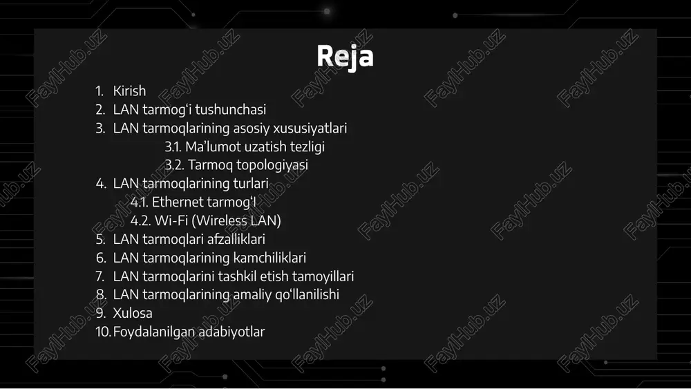 ma’lumot bitta yo‘nalishda halqa bo‘ylab harakatlanadi. yulduz (star) topologiyasi bu eng ko‘p ishlatiladigan topologiya turi. barcha qurilmalar bitta markaziy qurilmaga (ko‘pincha switch yoki hub) ulanadi. daraxt (tree) topologiyasi bu yulduz topologiyasining kengaytirilgan ko‘rinishi bo‘lib, bir nechta yulduz shaklidagi tarmoqlar daraxt ko‘rinishida bir-biriga ulanadi. lan tarmoqlarining turlari mahalliy tarmoqlar (lan) turli texnologiyalarga asoslanadi. ular orasida ethernet, wi-fi (wireless lan) va token ring kabi tarmoqlar eng mashhurlari hisoblanadi. bu tarmoqlar o‘zaro ma’lumot uzatish usuli, tezligi, ishlash prinsipi va uskuna turlari bilan farqlanadi. hozirgi kunda eng keng qo‘llaniladigan lan texnologiyasi bu — ethernet hisoblanadi. wi-fi esa simsiz lan tarmog‘i sifatida juda qulay va amaliy variant bo‘lib, zamonaviy ofis va uy tarmoqlarida keng ishlatiladi. eng mashhur lan turi — ethernet tarmog‘i haqida batafsil to‘xtalamiz. wi-fi (wireless lan) wi-fi (wireless local area network) — bu simsiz mahalliy tarmoq bo‘lib, u qurilmalarni kabel ishlatmasdan bir-biriga ulash imkonini beradi. wi-fi texnologiyasi yordamida kompyuter, telefon, planshet, printer va …