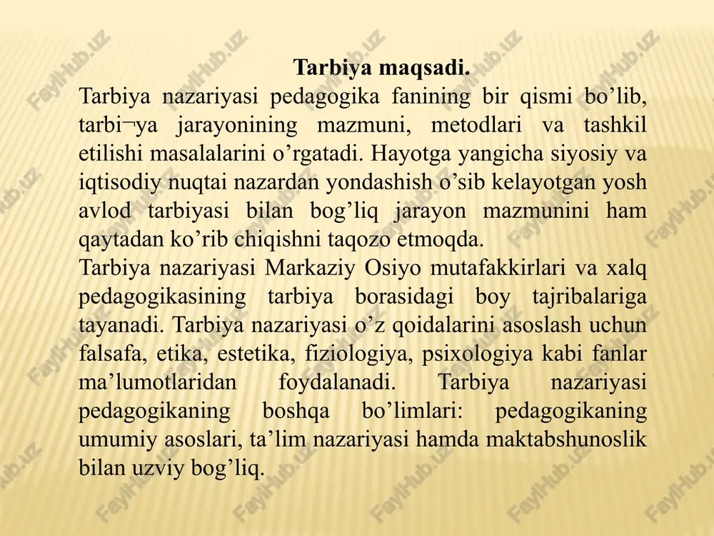 iyotining markaziy nuqtasida tarbiyaviy ishlar dasturi, tadbirlari, shakl, metod va vositalari emas, balki o’quvchi turganligini anglatishga xizmat qiladi. tarbiya jarayonida uning shaxsiy xususiyatlari, qiziqishlari, o’ziga xos tavsifi o’z qadr-qimmatini anglash tuyg’ulari rivojlantirib borishi zarur. ixtiyoriylik. tarbiyalanuvchilarning iroda erkinligisiz tarbiya g’oyalari mohiyatini qaror toptirish mumkin emas. tarbiya jarayoni, agar u oqilona tashkil etilsa, bir vaqtning o’zida ham o’qituvchi va o’quvchi ma’naviyatining boyitilishiga xizmat qiladi. agar tarbiyachi (o’qituvchi) o’quvchining qiziqishi, faoliyati, o’rtoqlik va fuqarolik burchini anglashi, mustaqillikka intilish tuyg’ularini ko’rib va anglay olsagina uning shaxsiga ta’sir ko’rsatishga yo’naltirilgan faoliyatda samaraga erishadi jamoat yo’nalishi. tarbiyaviy ishlar mazmunida jamoaga nisbatan ijobiy munosabatni qaror toptirish yotadi. jamoa yordamida shaxsning har tomonlama taraqqiyoti, unda dunyoni anglash va uni to’laqonli talqin etish, insonparvarlik va hamkorlik tuyg’ularining yuzaga kelishi va rivojlanib borishi amalga oshiriladi. tarbiya jarayonining dialektikasi va qonuniyatlari tarbiya jarayoni, boshqa jarayonlar kabi, dialektik xarakterga ega. bola o’zini o’rab turgan borliq dunyo bilan turli munosabatlarga kirishadi. real …