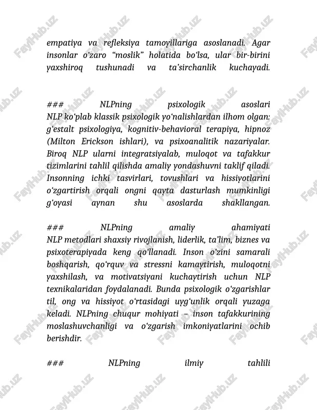 lekin inson tajribasini o‘zgartirishda samarali vosita sifatida o‘z o‘rnini topgan. nlpning asosiy mohiyati – inson tafakkurining tuzilmasini anglash va uni ongli ravishda boshqarishdir. bu metodlar orqali inson o‘z ichki dunyosini qayta “dasturlashi”, o‘zini yanada samarali, tinch va ishonchli his qilishi mumkin. 1. nlp deganda nimani tushunamiz? 2. nlp atamasi nimaning qisqartmasi? 3. nlpda “neyro” so‘zi nimani anglatadi? 4. “lingvistik” komponent nimani bildiradi? 5. nlpda “dasturlash” nimani anglatadi? 6. nlp asoschilari kimlar hisoblanadi? 7. anchoring (mustahkamlash) metodi nima uchun qo‘llanadi? 8. reframing (qayta talqin qilish) deganda nima tushuniladi? 9. rapport (emotsional aloqa ornatish) metodi nimani o‘rgatadi? 13. nlpning asosiy maqsadi nima? 14. nlpning qaysi sohalarda qo‘llanilishi mumkin? 15. nlpda tilning o‘rni qanday? 16. nlpning psixologiyadagi ahamiyati nimada? 17. nlp texnikalari qaysi hissiy holatlarni boshqarishga yordam beradi? 18. reframing metodi qanday psixologik tamoyilga asoslanadi? 19. rapport o‘rnatish uchun nimalarga e’tibor berilad? 20.nlp yordamida inson o‘z hayotini qanday o‘zgartirishi mumkin?