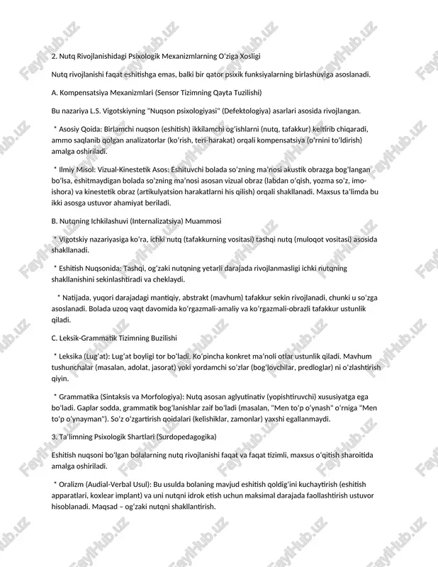 utqni egallashdan oldin (3 yoshgacha) tugʻma yoki orttirilgan boʻlib, bu holat birlamchi soqovlikka olib keladi. b. zaif eshituvchanlik (eshitish qoldigʻi borligi) * ta’rifi: odatda 20 db dan 70-80 db gacha eshitish yoʻqotilishi. maxsus sharoitda nutqni rivojlantirish imkoniyati mavjud. * psixologik asos: bola faqat baland, kuchaytirilgan yoki maʼlum chastotadagi tovushlarni eshitadi. nutqni idrok etish buzilgan va cheklangan boʻladi. bu nutqning fonetik, leksik va grammatik jihatdan notoʻgʻri rivojlanishiga olib keladi (fonetiko-fonematik yetishmovchiliklar). 2. nutq rivojlanishidagi psixologik mexanizmlarning oʻziga xosligi nutq rivojlanishi faqat eshitishga emas, balki bir qator psixik funksiyalarning birlashuviga asoslanadi. a. kompensatsiya mexanizmlari (sensor tizimning qayta tuzilishi) bu nazariya l.s. vigotskiyning "nuqson psixologiyasi" (defektologiya) asarlari asosida rivojlangan. * asosiy qoida: birlamchi nuqson (eshitish) ikkilamchi ogʻishlarni (nutq, tafakkur) keltirib chiqaradi, ammo saqlanib qolgan analizatorlar (koʻrish, teri-harakat) orqali kompensatsiya (oʻrnini toʻldirish) amalga oshiriladi. * ilmiy misol: vizual-kinestetik asos: eshituvchi bolada soʻzning maʼnosi akustik obrazga bogʻlangan boʻlsa, eshitmaydigan bolada soʻzning maʼnosi asosan vizual obraz …
