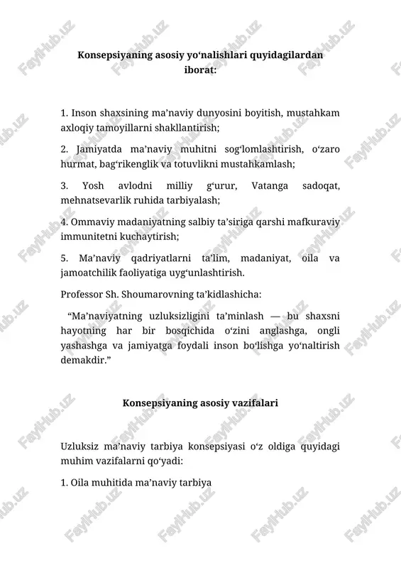 dir.” 3. jamiyat va jamoatchilik ishtiroki mahalla, ommaviy axborot vositalari, jamoat tashkilotlari va madaniyat markazlari ma’naviy tarbiya tizimida faol rol o‘ynaydi. “mahalla” instituti yoshlar tarbiyasida ijtimoiy nazorat va ma’naviy yo‘naltiruvchi markaz sifatida ahamiyatga ega. 4. ommaviy axborot vositalari orqali ma’naviy tarbiya bugungi axborot asrida televideniye, internet va ijtimoiy tarmoqlarning yoshlar ongiga kuchli ta’siri bor. shu bois, ommaviy axborot vositalari orqali milliy qadriyatlar, tarixiy shaxslar hayoti, ma’rifatparvar g‘oyalar keng targ‘ib qilinishi zarur. 5. o‘qituvchi va tarbiyachilarning mahoratini oshirish o‘qituvchi shaxsning ma’naviy tarbiyasida yetakchi kuch hisoblanadi. shu sababli, pedagoglarning ma’naviy saviyasi, ma’naviyatga munosabati, axloqiy namunasi muhim rol o‘ynaydi. professor a. qodirov shunday yozadi: “ma’naviy tarbiyani o‘rgatuvchi o‘qituvchi avvalo o‘zi ma’naviy barkamol bo‘lishi shart, aks holda uning so‘zlari ta’sir kuchini yo‘qotadi.” uzluksiz ma’naviy tarbiyaning tamoyillari 1. uzluksizlik tamoyili — ma’naviy tarbiya jarayoni inson hayotining barcha bosqichlarida davom etadi. 2. tizimlilik tamoyili — barcha tarbiya bosqichlari o‘zaro bog‘liq va bir-birini to‘ldiradi. 3. milliylik va …