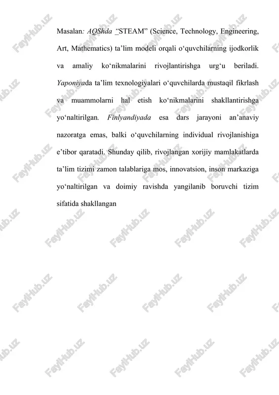 iba va ilmiy izlanishlar uyg‘unligiga asoslanadi. o‘qituvchilar tayyorlash va malakasini oshirish tizimi. rivojlangan mamlakatlarda o‘qituvchi kasbi eng mas’uliyatli va nufuzli soha hisoblanadi. aqshda o‘qituvchilar pedagogika yo‘nalishidagi bakalavr va magistr darajasini olish bilan birga, har yili malaka oshirish kurslarida qatnashadilar. yaponiyada pedagoglar doimiy ravishda yangiliklarni o‘rganish, dars tahlilini o‘tkazish va ilg‘or tajriba almashish orqali malakasini oshirib boradilar. germaniyada o‘qituvchi tayyorlash ikki bosqichli bo‘lib, universitetdagi nazariy ta’lim va maktabdagi amaliy mashg‘ulotlar bilan uyg‘unlashtiriladi. finlyandiyada esa o‘qituvchi bo‘lish uchun magistr diplomi majburiy hisoblanadi, tanlov jarayoni juda qat’iy. pedagoglar mustaqil dars metodikasini ishlab chiqish huquqiga ega va jamiyatda ularga katta hurmat bilan qaraladi. xulosa qilib aytganda, aqsh, yaponiya, germaniya va finlyandiya ta’lim tizimlari o‘ziga xos bo‘lsa-da, ularni birlashtiruvchi jihat — sifatli ta’lim, innovatsion yondashuv va o‘qituvchining yuqori maqomidir. 3. rivojlangan mamlakatlarda ta’lim sifatini ta’minlash va baholash mexanizmlari. test tizimlari, reyting va monitoring tizimlari. rivojlangan mamlakatlarda ta’lim sifatini baholash tizimi doimiy monitoring, tahlil va natijadorlikka …