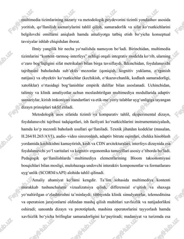 anuvchi yo‘l xaritalari va kognitiv ergonomika tamoyillari asosiy e’tiborda bo‘ladi. pedagogik qo‘llanilishlarda multimediya elementlarining bloom taksonomiyasi bosqichlari bilan mosligi, mulohazaga undovchi interaktiv komponentlar va formatlararo uyg‘unlik (scorm/xapi) alohida tahlil qilinadi. amaliy ahamiyat ko‘lami kengdir. ta’lim sohasida multimediya kontenti murakkab tushunchalarni vizualizatsiya qilish, differensial o‘qitish va shaxsga yo‘naltirilgan o‘zlashtirishni ta’minlaydi; tibbiyotda klinik simulyatorlar, telemeditsina va operatsion jarayonlarni oldindan mashq qilish muhitlari xavfsizlik va natijadorlikni oshiradi; sanoatda dizayn va prototiplash, mashina operatorlarini tayyorlash hamda xavfsizlik bo‘yicha brifinglar samaradorligini ko‘paytiradi; madaniyat va turizmda esa immersiv ekspozitsiyalar va interaktiv gidlar auditoriyani kengaytiradi. shu bilan birga, mualliflik huquqi, ma’lumotlar maxfiyligi, algoritmik tarafkashlik, axloqiy me’yorlar va kirish imkoniyatiga oid talablar e’tibordan chetda qolmasligi zarur, chunki ko‘pkanalli axborot oqimi noto‘g‘ri boshqarilganda manipulyativ effektlar va ijtimoiy xatarlar yuzaga kelishi mumkin. kirish qismi yakunida ushbu ish quyidagi savollarga javob izlashga yo‘naltiriladi: multimediya tizimlarining samaradorligini belgilovchi texnik va pedagogik determinantlar qaysilar; turli sohalarda qo‘llanilish ssenariylarida qaysi arxitektura va dizayn tanlovlari …