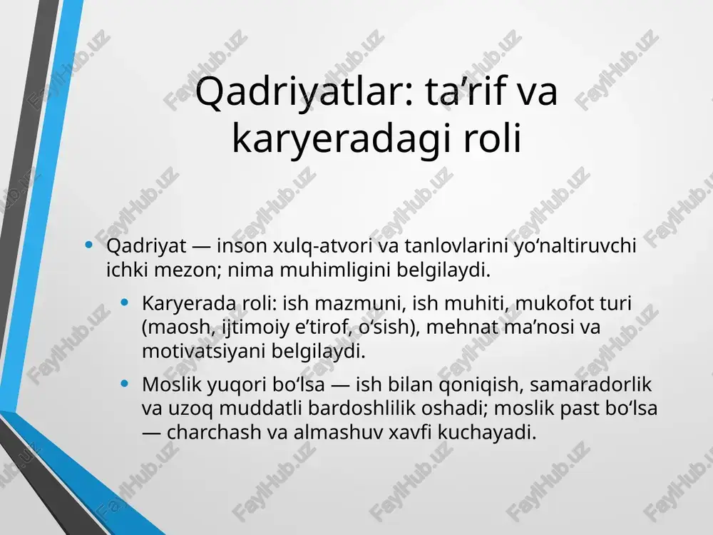 r misollari orqali namoyish etiladi. kasbiy qiziqish va kuchli tomonlarni baholash qiziqish testlari: riasec, strengthsfinderga o‘xshash kuchli tomonlar ro‘yxati, savolliklar. portfolioni tahlil: bajarilgan loyihalar, tadbirlar, volontyorlik; ularning qaysi qadriyatlarni aks ettirganini yozing. 360° fikr-mulohaza: ustoz, hamkurs, do‘stdan 3 ta kuchli tomon va 1 ta rivojlanish nuqtasini so‘rang. baholash natijalarini cv va motivatsion xatga bog‘lash. karyera qarori: strukturali model muammoni aniqlash: "qaysi yo‘nalish mening qadriyatlarimga ko‘proq mos?" variantlar ro‘yxati: kamida 3–4 yo‘nalish. mezonlar: qadriyatlar mosligi, bozor talabi, ta’lim xarajatlari, vaqt, geografiya, o‘sish. baholash va tanlov: har bir variantni 1–5 ball bilan baholash; eng yuqori jami ball — asosiy tanlov, 2-o‘rin — zaxira. aks ettirish va reja: 3–6 oylik amaliy qadamlar, ko‘nikmalar bo‘yicha “learning plan” decide yoki smart qaror doiralari qo‘llanadi. mahalliy kontekst: mehnat bozori va tendensiyalar raqamli ko‘nikmalar talabi ortib bormoqda: data, dasturlash asoslari, ofis ilovalari, axborot xavfsizligi. ijtimoiy sohalarda (ta’lim, sog‘liq, psixologik xizmat) sifatli mutaxassislarga ehtiyoj yuqori. sanoatda avtomatlashtirish, muhandislik …