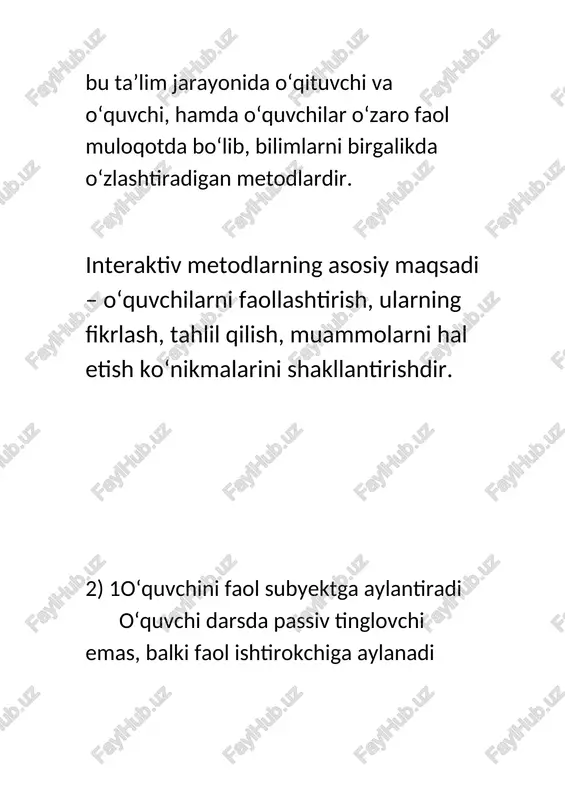 ni yanada takomillashtirish to‘g‘risida”gi qarorlari. 2. zunnunov a. va boshq. pedagogika nazariyasi va amaliyoti. – toshkent: fan, 2021. 3. xolmatova d., interfaol metodlar – ta’lim samaradorligini oshirish vositasi. – toshkent, 2022. 4. pedagogika fanlari bo‘yicha ilmiy maqolalar va internet manbalari.