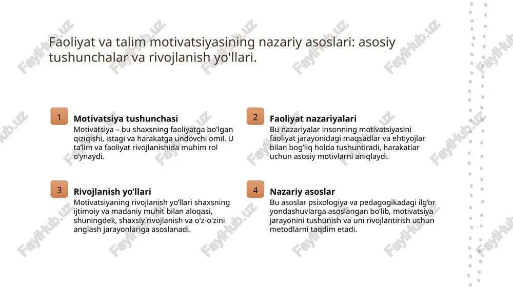 adi. motivatsiyani aniqlashda aktivlik nazariyasi va madaniyatning o'rni 1 faoliyat nazariyasi ta'siri - aktivlik nazariyasi motivatsiya jarayonini faoliyat bilan bog'laydi, insonning maqsadga erishishda faol qatnashishi va ijtimoiy madaniyat bilan o'zaro ta'sirini tushuntiradi. bu nazariya motivatsiyani faollik va ijtimoiy kontekstda o'rganishga yordam beradi. 2 madaniyatning shakllantirishi - madaniyat motivatsiya motivatsiya shakllanishiga ta'sir qiluvchi muhim faktor bo‘lib, u insonlarning qadriyatlari, odatlari va ijtimoiy normalarini belgilaydi. o'zbekiston sharoitida madaniyat motivatsiya darajasini aniqlashda muhim rol o'ynaydi. 3 kulturo'rtga moslashuv - madaniyat va faoliyat motivatsiyasi o'rtasidagi bog'liqlik, shuningdek, talabalarning madaniyatga moslashuvi va uning motivatsiyasini oshirish uchun muhim asosdir. bu yondashuv yordamida mahalliy va global kontekstda motivatsiya tahlil qilinadi. o'zbekiston sharoitida motivatsiya diagnostikasining strategik asoslari va amaliy yondashuvlari 01 ma'lumotlarni tahlil qilish o'zbekiston sharoitida motivatsiya diagnostikasining muvaffaqiyati uchun mahalliy madaniyat, ta'lim tizimi va ijtimoiy muhitga mos strategiyalar ishlab chiqish muhimdir. bu yondashuvlar motivatsiya darajasini aniqlashda aniq va samarali natijalarga erishishga yordam beradi. 02 rivojlangan metodlar innovatsion …