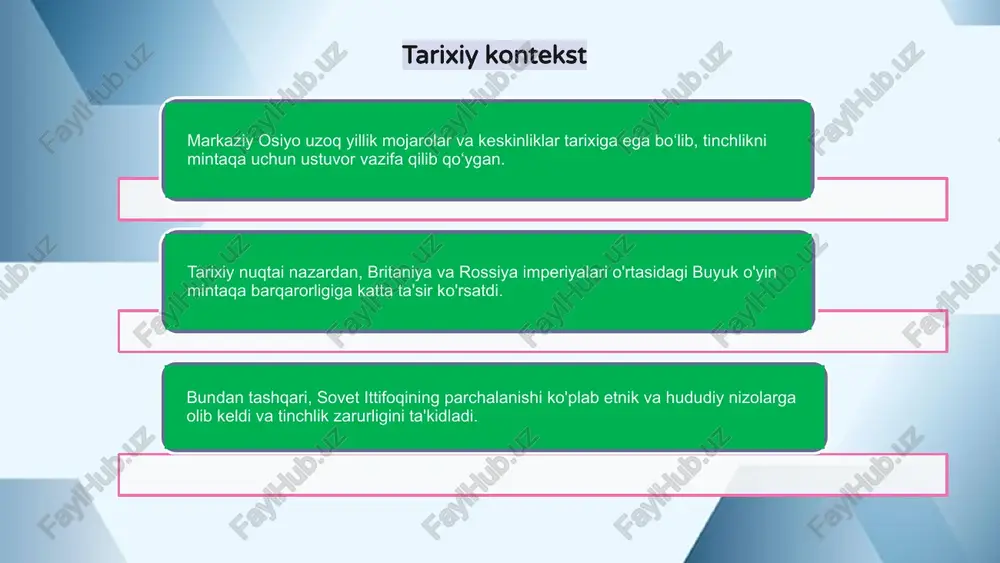 ega. muloqot va nizolarni hal etishga ko‘maklashish orqali tinchlik va barqarorlikni ta’minlashda xalqaro hamjamiyat muhim rol o‘ynashi muhim. xalqaro hamjamiyat mojarolarning asl sabablarini bartaraf etish, yarashuv va markaziy osiyo mamlakatlari oʻrtasida ishonchni mustahkamlash boʻyicha diplomatik saʼy-harakatlarni qoʻllab-quvvatlashi va yordam berishi kerak. bundan tashqari, xalqaro hamjamiyat gumanitar yordam ko‘rsatish, iqtisodiy taraqqiyotga ko‘maklashish, mintaqaviy hamkorlik va integratsiyani mustahkamlash orqali mintaqa tinchligi va barqarorligiga hissa qo‘shishi mumkin. xavfsizlik tashvishlari xavfsizlik nuqtai nazaridan markaziy osiyoda tinchlik o'rnatish birinchi o'rinda turadi. mintaqada turli xil xavfsizlik muammolari, jumladan, terrorizm, ekstremizm va giyohvand moddalar savdosi mavjud. tinchlikni saqlashga qaratilgan sa’y-harakatlar mintaqa barqarorligi va taraqqiyotini ta’minlashda muhim ahamiyat kasb etadi. umumiy xavfsizlik muammolarini hal qilish va markaziy osiyoda tinchlikni mustahkamlash uchun xalqaro hamkorlik zarur. birlashgan millatlar tashkiloti va mintaqaviy tashkilotlar markaziy osiyo mamlakatlari oʻrtasida xavfsizlik muammolarini hal qilish va tinchlikni mustahkamlash uchun muloqot va hamkorlikni yoʻlga qoʻyishda muhim rol oʻynaydi. 1 2 3 diniy omillar markaziy osiyoda tinchlik …