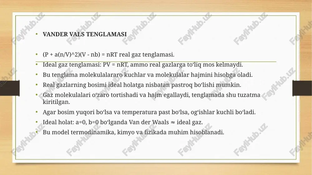 si, b hajm tuzatmasi sifatida ishlaydi. kritik nuqta va fazaviy o‘tishlar izohlanadi. real jarayonlarda ideal gaz modeli yetarli bo‘lmaganda qo‘llanadi. image5.png image6.png image3.png image4.png /docprops/thumbnail.jpeg