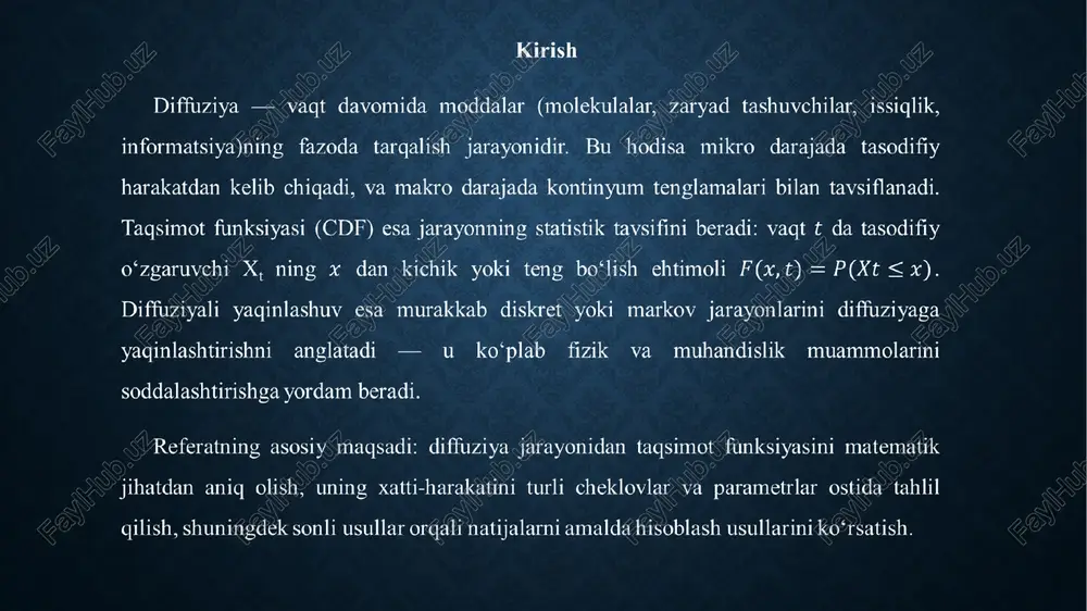 litik yechimlar: fundamental yechim (green’s function) agar doimiy bo‘lsa, fokker–planck soddalashadi va difuziya tenglamasi bilan bir xil bo‘ladi: boshlang‘ich shart p(x,0)=δ(x−x0) bo‘lsa, fundamental yechim (green’s function) quyidagicha: . shundan cdf (taqsimot funksiyasi): . bu gauss (normal) taqsimoti bilan bir xil ifoda. 3.3 chegara shartlari bo‘yicha yechimlar absorbing (so‘rib oluvchi) chekkasi: agar x=0 da zarrachalar yo‘q qilinadigan bo‘lsa, . bu holatda yechim usullari — tasviriy usul (method of images) yordamida quyidagicha hosil bo‘ladi (boshlang‘ich x0>0): reflecting (akslantiruvchi) chekkasi: to‘siq zarrachalarni akslantiradi — oqim chekkada nol bo‘ladi: . method of images bilan bu holatda quyidagi yechim olinadi: periodic chekkalar: agar fazo davriy bo‘lsa (halqa), yechim fourier seriyalari orqali olinadi. 3.4 statik va stasionar taqsimotlar agar sistemadagi drift va diffuziya funksiyalari vaqtga bog‘lanmasa va cheklovlar stasionar bo‘lsa, vaqt o‘tishi bilan stasionar (steady-state) yechimga erishish mumkin. masalan, bir o‘lchovda: bu ode yechilishi orqali topiladi. agar detailed balans sharti bo‘lsa, potentsialga bog‘liq boltzmann tipidagi ekspressiya …