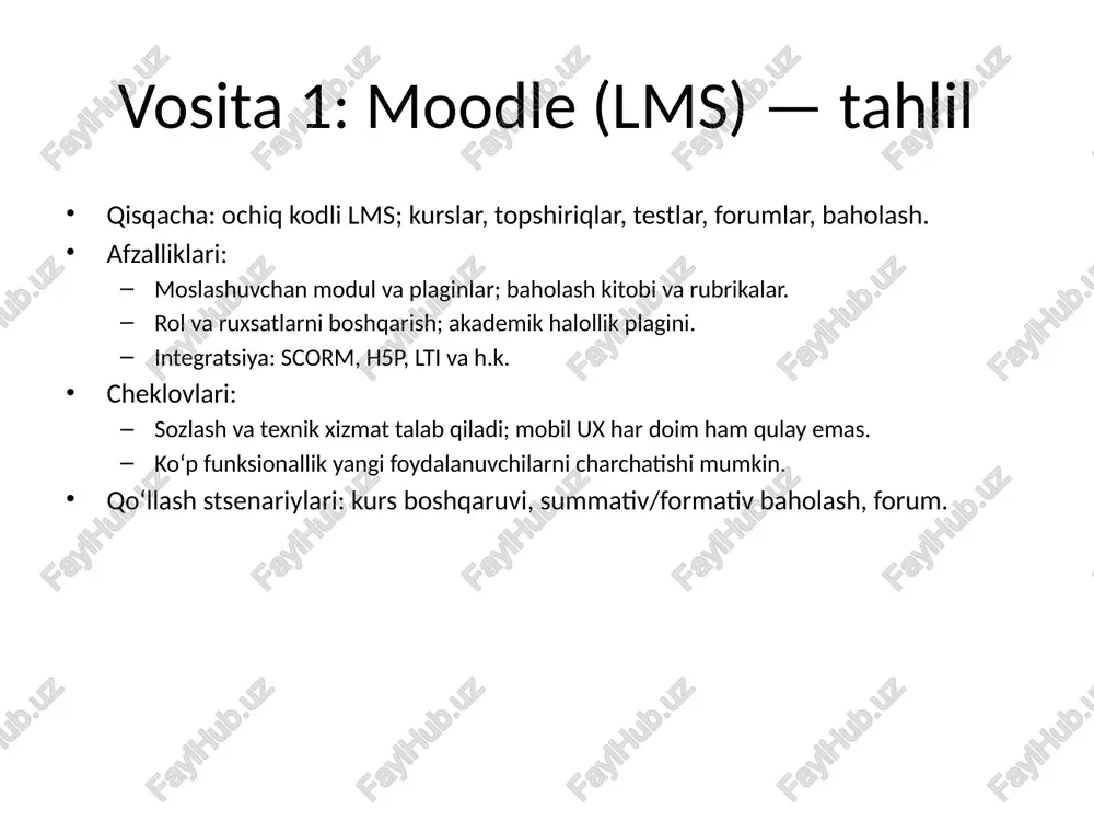 lohaza, loglar testga haddan ziyod tayanish aralash baholash (rubrika, loyiha) hamkorlik forum/padlet, tengdosh fikri passivlik, spam rollar, moderatsiya, qoidalar motivatsiya gamifikatsiya, badge qisqa muddatli effekt ichki motiv — ma’no va ustalik xavfsizlik rol/ruxsatlar maxfiylik xatarlar sozlamalar, ma’lumotni himoya qilish xulosa va tavsiyalar moodle — struktur va baholash markazi; kahoot — tez diagnostika; padlet — hamkorlik va kreativlik. baholashni aralashtiring: test + loyiha + refleksiya; rubrika shaffof bo‘lsin. analitika asosida iteratsiya qiling; talabalar fikrini muntazam oling. raqamli etik va akademik halollik bo‘yicha aniq qoida va yo‘riqnomalar. /docprops/thumbnail.jpeg