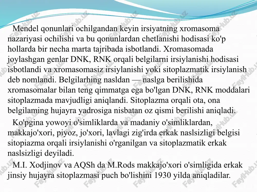 — urug'lanishda chang naychasi orqali murtak xaltachasiga kelib tushgan plastidalar ham nasldan — naslga berilishi mumkin; biroq ular ozgina o'tadi va hamisha ham o'tavermaydi. ko'pgina o'simliklarda —makkajoxorili, piyoz, lavlagi, jo'xori, zig'ir va hokazolarda uchraydigan erkak jinsiy hujayra sitoplazmasining puch bo'lishi sitoplazmatik irsiyatga rnisoldir. o'zgaruvchanlik tirik organizmlarga xos xususiyat bo'lib, biotik va abiotik omillar ta'sirida yangi belgilami paydo bo'lishi va nasllar orasida farqlar hosil bo'lishiga aytiladi. o'zgaruvchanlik irsiyatni qarama — qarshi ko'rinishi bo'lib, irsiy belgilar tabiiy va sun'iy omillar ta'sirida o'zgaradi. bu o'zgargan belgi irsiyat tufayli organizmda mustahkamlanadi, natijada tur ichida xilma —xil belgili organizmlar hosil bo'ladi. hosil bo'lgan yangi belgi ma'lum qonuniyat bilan keyingi naslga beriladi. genetika fani irsiyat bilan birgalikda o zgaruvchanlik qonunlarini ham o'rgatadi. tirik organizmlardagi belgilarning irsiylanishini ta'minlovchi genlarni turg'unligi nisbiy bo'lib biotik, abiotik omillar ta'sirida o'zgaradi. genlarning o'zgarishi shu organizmdagi organni fiziologik holati, moddalar almashinuvi jarayonini o'zgarishiga, o'zgaruvchanlikka sabab bo'ladi. o'zgaruvchanlikni hosil bo'lishiga quyidagilar sabab bo'ladi: …