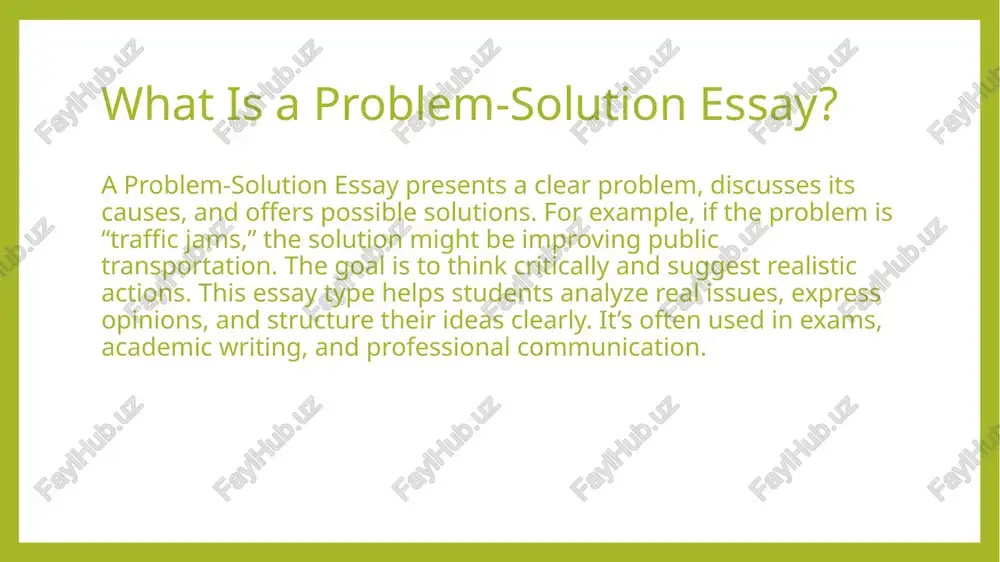 ne hand … on the other hand … while some people believe … others think … however, … in contrast, … 7. concluding the essay in conclusion, … to sum up, … in short, … overall, … it is clear that … if we take action now, we can … useful conjunctions to add ideas: and, also, in addition, moreover, furthermore to show contrast: but, however, although, even though, whereas, while to show cause and effect: because, since, therefore, as a result, so, consequently to give examples: for example, for instance, such as, namely to sequence ideas: first, second, next, then, finally, lastly to emphasize: in fact, indeed, especially, particularly final thoughts learning to write a problem-solution essay helps students organize ideas and express opinions clearly. it improves their ability to analyze issues like climate change, cyberbullying, or poverty and suggest meaningful actions. writing about problems and solutions develops creativity, …