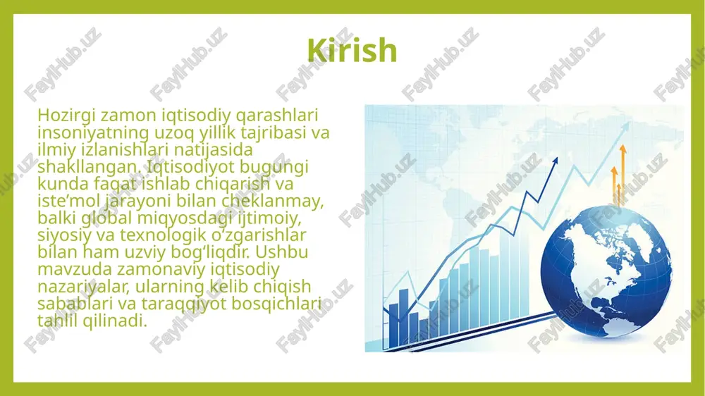 onaviy iqtisodiyotning asosiy yo‘nalishlari – raqamli transformatsiya, barqaror rivojlanish va inson kapitaliga sarmoya kiritishdir. bu omillar kelajakda global farovonlikning asosi bo‘lib xizmat qiladi. foydalanilgan adabiyotlar: karimov i.a. o‘zbekiston xxi asr bo‘sag‘asida: xavfsizlikka tahdid, barqarorlik shartlari va taraqqiyot kafolatlari. – toshkent: o‘zbekiston, 1997. mirziyoyev sh.m. yangi o‘zbekiston taraqqiyot strategiyasi. – toshkent: o‘zbekiston nashriyoti, 2022. xo‘jayev a., tursunov b. iqtisodiyot nazariyasi (darslik). – toshkent: iqtisodiyot, 2020. qodirov a. zamonaviy iqtisodiy tizimlar va ularning evolyutsiyasi. – toshkent: fan va texnologiya, 2019. bmt hisobotlari. barqaror rivojlanish maqsadlari – 2030 kun tartibi. – nyu-york: united nations, 2015. abdug‘aniyev m. globalizatsiya va raqamli iqtisodiyotning rivojlanish tendensiyalari. – toshkent: iqtisodiyot, 2021. image1.jpeg image2.jpeg image3.jpeg image4.jpeg image5.jpeg image6.jpeg image7.jpeg image8.jpeg image9.png image10.jpeg image11.jpeg /docprops/thumbnail.jpeg