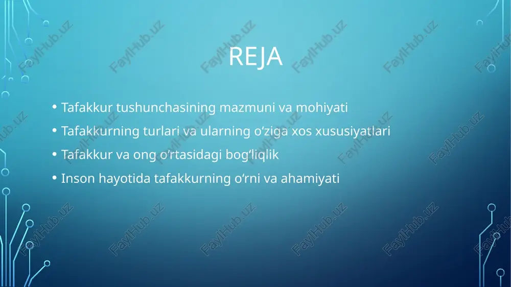 g “harakatdagi” shakli bo‘lib, insonda mavjud bilimlarni qayta ishlash, tahlil qilish, solishtirish va umumlashtirish jarayonidir. ya’ni tafakkur — ongni amaliy va nazariy jihatdan rivojlantiruvchi kuchdir. inson hayotida tafakkurning o‘rni va ahamiyati inson hayotida tafakkurning o‘rni va ahamiyati nihoyatda katta, chunki tafakkur — insonni boshqa mavjudotlardan ajratib turadigan eng muhim aqliy qobiliyatdir. u insonning ongli faoliyatini boshqaradi, dunyoni bilish, tushunish va o‘zgartirish imkonini beradi. quyida tafakkurning hayotdagi asosiy o‘rni va ahamiyati yoritiladi: tafakkur haqida tafakkur yordamida inson atrofdagi voqelikni chuqur anglaydi, sabab-oqibat aloqalarini tushunadi va hodisalarning ichki mohiyatini aniqlaydi. faqat tafakkur orqali inson “nima?”, “nega?” va “qanday?” degan savollarga javob topadi. har qanday hayotiy yoki kasbiy muammoni hal qilish tafakkurga tayanadi. fikrlash orqali inson muammoga yechim topadi, yangi yo‘llarni kashf etadi va qaror qabul qiladi. shu sababli tafakkur — insonning mantiqiy va ijodiy faoliyatining asosi hisoblanadi. xulosa tafakkur — bu inson ongining eng yuqori shakli bo‘lib, u borliqni, hodisalar va voqealarni …