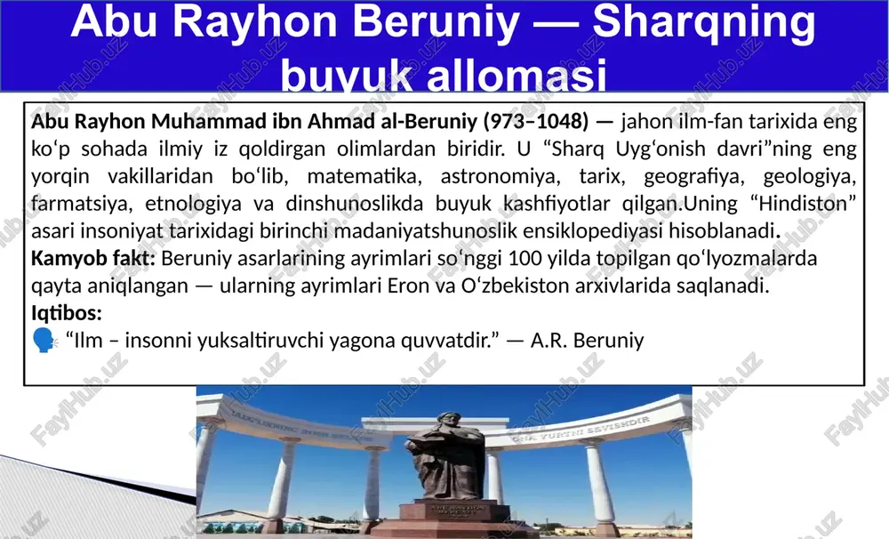nima?” degan savolni so‘ragan, ibn sino javobida “modda va shakl” haqida yozgan. kamyob fakt: ba’zi manbalarga ko‘ra, beruniy ibn sinoning “kitob ash-shifo” asarini sharhlagan, biroq bu sharh qo‘lyozmasi hali topilmagan beruniy va ibn sino — ikki dahoning muloqoti beruniy butun umrini ilmga bag‘ishlagan. u 75 yoshida ham kuzatuvlar o‘tkazgan, o‘limidan oldin ham ilmiy masalani yozib yakunlagan. u siyosatdan yiroq, dinlararo bag‘rikenglik tarafdori bo‘lgan. uning asosiy qadriyati — ilmiy haqiqat va inson tafakkuriga hurmat edi. kamyob fakt: uning oxirgi so‘zlari shunday bo‘lgan: “men o‘laman, ammo bilmagan narsam qolmasin.” iqtibos: 🗣 “ilm – insonni yaratgan yaratganga eng yaqinlashtiruvchi yo‘l.” ilmga sadoqat — hayot mazmuni beruniy “hindiston” (“kitob at-tahqiq ma lil-hind”) asarini 1030-yillarda yozgan. bu asar uning hindistonda 13 yil yashab, sanskrit tilini mukammal o‘rganib, hind olimlari bilan muloqot qilgan davrida yaratilgan. asar 80 dan ortiq bobdan iborat bo‘lib, unda hindlarning dini, falsafasi, geografiyasi, urf-odatlari, matematikasi, astronomiyasi va tarixiga oid ma’lumotlar jamlangan. kamyob …
