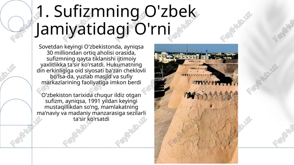 iklanishi orqali madaniy ifodaga ta'sir ko'rsatdi davlatning diniy ta'lim va ro'yxatdan o'tish ustidan nazorati kabi jiddiy muammolar saqlanib qolmoqda. 2018 yildagi vijdon va diniy tashkilotlar erkinligi to'g'risidagi qonun ro'yxatdan o'tishni majburiy qilib, ro'yxatdan o'tmagan guruhlarning ochiq faoliyat yurita olishlarini cheklaydi 12.oʻzbek musiqa va raqsi rivojlanishi 1991-yildan keyin o'zbekiston musiqa maydonida shashmaqom (14 maqomdan iborat klassik musiqa an'anasi) va uning buxoro, samarqand, toshkentdagi mintaqaviy o'zgarishlari kabi an'anaviy janrlar qayta tiklandi, jahon trendlari ta'sirida pop va zamonaviy uslublar ham rivojlandi 1991-yildan keyin o'zbek raqsi, markaziy osiyo an'analariga chuqur ildiz otgan holda, xalqaro maydonda o'z o'rnini kengaytirdi 13.ma'naviy va madaniy taraqqiyotning kelajagi hukumat tomonidan tarixiy masjidlar, madrasalar (masalan, buxoro mir-i-arab madrasasi) va madaniy obidalarni tiklashga katta mablag' (yiliga 500 million dollardan ortiq) sarflanishi turizmni (yiliga 2 milliondan ortiq xalqaro sayyohlar) rivojlantiradi va milliy g'ururni mustahkamlaydi o'zbekistonning 1991-yildan keyingi mustaqilligi davrida, ayniqsa naqshbandiya tariqatining qayta tiklanishi kuzatildi, bu samarqand, buxoro va toshkentdagi 30 milliondan …