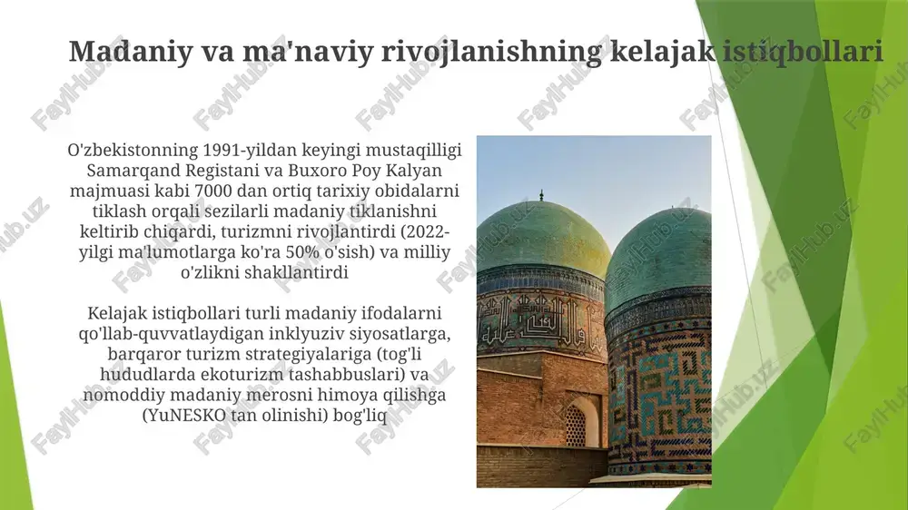 iniy joylarni qayta tiklashga 200 million dollardan ortiq mablag' sarflab, 2000 yildan beri turizmni 150% ga oshirdi sufiylik an'analari va ta'siri sufiylik ta'siri diniy amaliyotdan tashqariga ham cho'zilgan; alisher navoiy singari shoirlarning sufiyona she'riyatlari (divonlari) o'zbek adabiyoti va san'atiga ilhom beradi. buxorodagi poi kalyan majmuasi kabi me'morchilikda, xattotlikda va miniatyura rasmlarida namoyon bo'lgan sufiy estetikasi o'zbekiston madaniy merosiga ajralmas hissa qo'shadi o'zbekistonning 1991-yildan keyingi mustaqilligi davrida, ayniqsa naqshbandiya tariqati sufi an'analari qayta tiklandi. buxoro, samarqand va toshkentdagi ko'plab xanqoh va zikir, sama kabi amallar qayta jonlandi. minglab odamlar faol ishtirok etib, mahalliy madaniyatga sezilarli ta'sir ko'rsatmoqda globallaşmanın oʻzbek madaniyatiga taʼsiri o'zbekistondagi madaniy merosni saqlash harakatlari (masalan, xivadagi itchan kala kabi) yuneskoning jahon merosi obyektlarini turizm daromadlari bilan nomoddiy madaniy merosni (musiqa, raqs, an'anaviy hikoyalar) himoya qilishni muvozanatlashiga qaratilgan o'zbekistonda islom madaniyatining qayta tiklanishi va turli jahon dinlariga qiziqish kuchaygan. sekulyarlashuv va diniy erkinlik o'rtasidagi hukumat siyosati bu jarayonni shakllantiradi jamiyatdagi …
