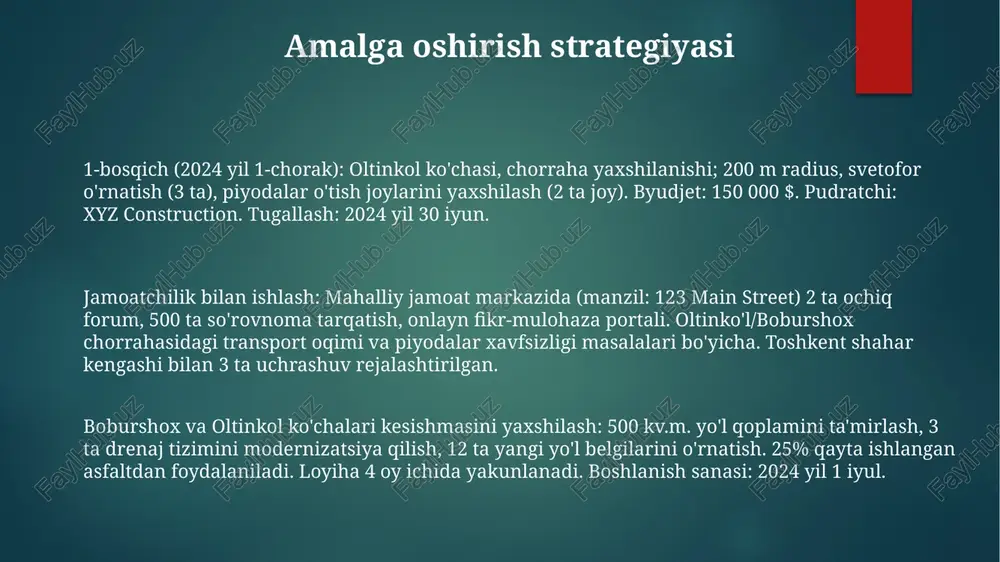 : yaxshilangan jamoat transporti aloqalari (12 va 37-avtobus yo'nalishlari), velosiped yo'laklari (jami 2 km), ko'kalamzorlashtirish maydonlarining ko'payishi (jami 5000 kv.m), shovqin ifloslanishini kamaytirish strategiyasi, taxminiy xarajat: 2 million aqsh dollari, maslahatchi: "green city solutions". boburshox tomonda 10 qavatli aralash foydalanishdagi bino (2028-2035): 7000 kv.m savdo maydoni, 200 ta turar joy, 300 ta mashina joyi, investitsiya: 20 million dollar, tugallash: 2035, qurilish kompaniyasi: city development corp., arxitektorlar: "architects united". oltinkol va boburshox chorrahasini qayta qurish (2024-2027): 1-bosqich (2024): oltinkol ko'chasini 3 yo'lakka kengaytirish, yangi svetoforlar, piyodalar o'tish joylari. 2-bosqich (2025): boburshox ko'chasini 50 m ga kengaytirish, obodonlashtirish ishlari (10 000 kv.m), yangi yoritish moslamalari (150 dona) harakat rejimlari boburshox ko'chasidan oltinkolga chapga burilish tirbandlikning asosiy sabablaridan biri bo'lib, asosiy yo'nalishdagi transport vositalarining sezilarli darajada kechikishiga olib keladi. 2024-yilda rejalashtirilgan svetofor vaqti optimallashtirish tadqiqotlari harakatni yaxshilash va bir necha tsiklda 60 sekunddan ortiq kutish vaqtini qisqartirishga qaratilgan ko'rinishni binolar va yetarlicha yorug'likning …