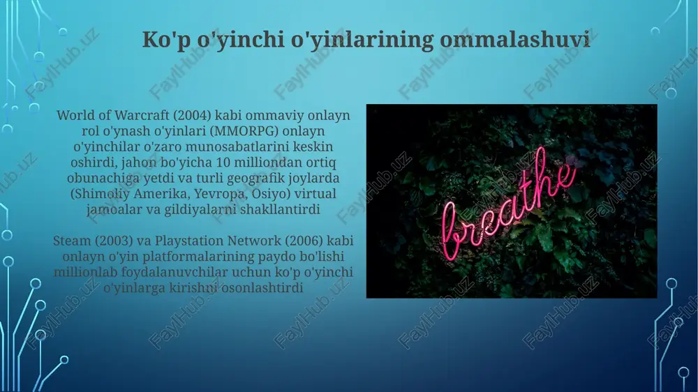 iy hayotdagi munosabatlarga ta'siri kibersport (esport; league of legends, dota 2) jamoaviy ish, strategik fikrlash va muloqot ko'nikmalarini rivojlantirib, ularni haqiqiy professional muhitga o'tkazish imkonini beradi mobil oʻyinlar (candy crush, pokémon go) oila va doʻstlar orasida tasodifiy ijtimoiy aloqani osonlashtiradi o'yin jamoalari va ijtimoiy identifikatsiya mmorpglar (masalan, world of warcraft, eve online) gildiya (50-100+ a'zo), o'yin ichidagi iqtisodiyot (oltin, buyumlar) va umumiy maqsadlar (reytlar, pvp) orqali kuchli ijtimoiy identifikatsiyani rivojlantiradi kibersport (lol, dota 2, cs) professional jamoalar (masalan, cloud9, sk telecom t1), reytinglar (elo, mmr) va strim platformalar (twitch, youtube) atrofida kuchli jamoalarni shakllantiradi. milliy raqobat (masalan, koreya vs o'yinlar ijtimoiy ko'prik sifatida onlayn o'yinlar (world of warcraft kabi mmorpglar, league of legends kabi mobalar) millionlab global o'yinchilarni birlashtiruvchi virtual jamoalar yaratib, turli mamlakatlar (aqsh, xitoy, janubiy koreya) o'rtasida hamkorlik/raqobatli o'yin orqali do'stlik va raqobatni rivojlantiradi kibersport (masalan, dota 2, counter-strike: global offensive turnirlari) millionlab tomoshabinlarni jalb qilib, jahon bo'yicha …