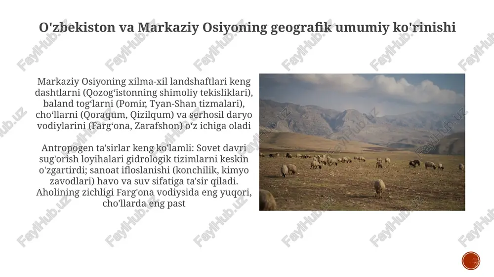 ni ko'rsatadi: qadim zamonlardan beri sug'oriladigan yerlarning 50% dan ortig'i (masalan, xorazm, qashqadaryo viloyatlari); orol dengizining qisqarishiga, tuproq sho'rlanishiga va bioxilma-xillikka (masalan, amudaryo deltasidagi botqoqliklarning kamayishi) ta'sir qiladi. bioxilxil va uning saqlanishi o'zbekistonning bioxilma-xilligi 4000 dan ortiq o'simlik turlarini, jumladan, tyan-shan tog'lari va qizilqum cho'lida 1500 endemik taksonni o'z ichiga oladi, qishloq xo'jaligi (paxta monokulturasi) va amudaryo havzasida suvdan oqilona foydalanmaslik tahdid ostida markaziy osiyoning turli xil landshaftlari, pomir-oloy togʻlaridan (7000 m dan yuqori) tortib, 1960-yillardan beri 90% qisqargan orol dengizigacha, 300 dan ortiq sut emizuvchilar turini, jumladan, qor barslari (panthera uncia) va yoʻqolib ketish arafasidagi sayga antilopalarini (saiga tatarica) oʻz ichiga oladi oʻzbekistonning tabiiy landshaftlari: togʻlar va choʻllar oʻzbekistonning tyan-shan togʻ tizimi, jumladan chatqol, turkiston va zarafshon togʻ sistemalari baʼzi joylarda 7000 metrdan (23000 fut) oshadi, mahalliy iqlim va bioxilmaxillikka sezilarli taʼsir koʻrsatadi, baland togʻ sharoitiga moslashgan noyob oʻsimlik va hayvonot dunyosini qoʻllab-quvvatlaydi qizilqum choli o'zbekiston, qozog'iston va turkmaniston …