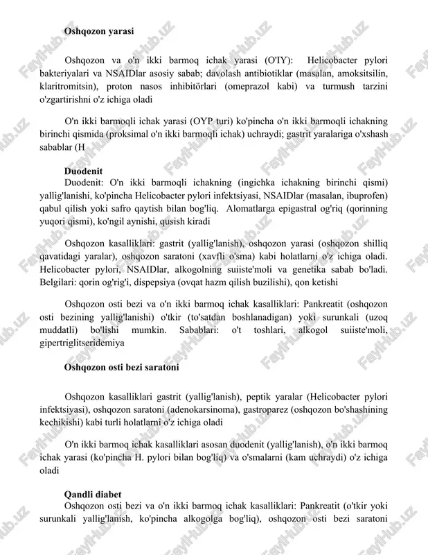 ibuprofen, naproksen) sabab bo'ladi, epigastralgiya, ko'pincha orqa tomonga tarqaladi. davolash: antibiotiklar (amoksitsilin, klaritromitsin), proton nasos inhibitörleri (omeprazol kabi ppis) va turmush tarzini o'zgartirish oshqozon kasalliklari gastrit (yallig'lanish), oshqozon va o'n ikki barmoq ichak yarasi, va oshqozon saratonini o'z ichiga oladi. gastrit alomatlari: ko'ngil aynishi, qusish, qorin og'rig'i. helicobacter pylori infektsiyasi, alkogol va nsaidlar sabab bo'ladi oshqozon yarasi oshqozon va o'n ikki barmoq ichak yarasi (o'iy): helicobacter pylori bakteriyalari va nsaidlar asosiy sabab; davolash antibiotiklar (masalan, amoksitsilin, klaritromitsin), proton nasos inhibitörlari (omeprazol kabi) va turmush tarzini o'zgartirishni o'z ichiga oladi o'n ikki barmoqli ichak yarasi (oyp turi) ko'pincha o'n ikki barmoqli ichakning birinchi qismida (proksimal o'n ikki barmoqli ichak) uchraydi; gastrit yaralariga o'xshash sabablar (h duodenit duodenit: o'n ikki barmoqli ichakning (ingichka ichakning birinchi qismi) yallig'lanishi, ko'pincha helicobacter pylori infektsiyasi, nsaidlar (masalan, ibuprofen) qabul qilish yoki safro qaytish bilan bog'liq. alomatlarga epigastral og'riq (qorinning yuqori qismi), ko'ngil aynishi, qusish kiradi oshqozon …
