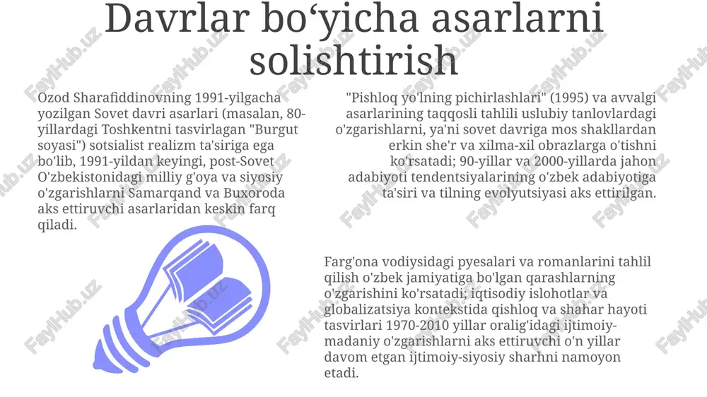 ollar rolini, ko'pincha modernlashgan muhitda (zavodlar, kolxozlar) an'anaviy kiyimlarda tasvirlangan seriyalari sovet davrida ijtimoiy dinamikadagi o'zgarishlar va ayollar hayotining murakkabligini ta'kidlaydi ozod sharafiddinovning 1960-1980-yillardagi samarqand, toshkent va buxoro hayotini aks ettiruvchi rasmlari sovet o'zbekistonining realliklari haqida ijtimoiy tanqidni ifodalaydi. ijtimoiy tafovutlar, 5 yillik rejalarning shahar taraqqiyoti bilan qarama-qarshi qishloq qashshoqligi va kolxozlashtirishning qishloq jamoalariga ta'siri ko'rsatilgan katta ko'rgazmalar va e'tirof samarqanddagi milliy badiiyat muzeyida (2020) bo'lib o'tgan "50 yillik rasmlar" nomli retrospektiv ko'rgazmasida 1970-2020 yillar oralig'ida yaratilgan 100 dan ortiq asar namoyish etildi, 15000 dan ortiq ziyoratchi va "art review central asia" kabi nashrlarda keng yoritishga erishdi. ozod sharafiddinovning oʻzbekiston manzaralari va madaniy merosiga bagʻishlangan 30 dan ortiq yogʻli boʻyoq asarlaridan iborat "ipak yoʻli sadolari" (2015) koʻrgazmasi toshkentdagi oʻzbekiston davlat badiiy muzeyida namoyish etildi va katta tanqid va "oltin choʻtka" (2016) jumladan koʻplab mukofotlarga sazovor boʻldi. yoshlik va ta'sirlar ozod sharafiddinov (1946-yilda samarqandda tugʻilgan)ning dastlabki hayoti keyingi asarlariga sezilarli taʼsir …