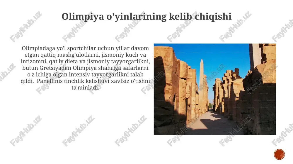 yunonistonning turli hududlaridan o'tuvchi uzoq va mashaqqatli yo'llarni bosib o'tishni, katta xarajatlar va tayyorgarlikni talab qilar edi. musobaqalar butun yunoniston bo'ylab minglab tomoshabinlarni jalb qildi sport musobaqalari olimpiada o'yinlari asrlar davomida sezilarli darajada rivojlandi, tadbirlar (masalan, ot sporti, boks turlari) va ishtirokchilar soni ko'paydi (garchi hali ham cheklangan bo'lsa ham). minglab sportchilar va tomoshabinlar ishtirok etgan panellin festivali. siyosiy va madaniy ahamiyatga ega qadimgi olimpiya o'yinlari (mil. av. 776 – mil. 393), olimpiya, elis, gretsiya: yugurish (stadion, diaulos, dolixos), kurash, boks, pankration (kurash va boksning shafqatsiz aralashmasi), arava poygasi (ippodrom), beshkurash (yugurish, uzoqqa sakrash, nayza otish, disk otish, kurash) olimpiya sulhi olimpiadaga yo'l sportchilarning qattiq, ko'pincha yillar davom etgan va talabchan murabbiylar rahbarligidagi mashg'ulotlarini, so'ngra olimpiya o'yinlarida ishtirok etish huquqini qo'lga kiritish uchun mintaqaviy saralash musobaqalarini o'z ichiga oldi e'tiboringiz uchun rahmat @taqdimot_robot image4.jpg image5.jpg image6.jpg image7.jpg image8.jpg image9.jpg image10.jpg image11.jpg image12.jpg image13.jpg image14.jpg image15.jpg image1.png image2.png image3.png