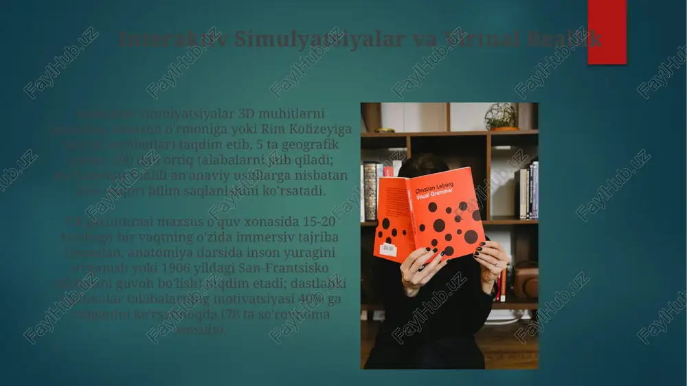 ordamida amalga oshirish uchun o'qituvchilarni tayyorlashni (pedagogika bo'yicha 10 soat, adobe creative suite kabi dasturlar bo'yicha 5 soat) talab qiladi. raqamli savodxonlik 21-asr ko'nikmalarini o'z ichiga oladi: tanqidiy fikrlash (3 manbani tahlil qilish), muloqot (5 ta raqamli prezentatsiyani yaratish), muammo yechish (python da 2 ta dastur yozish) shaxsiylashtirilgan o'quv platformalari shaxsiylashtirilgan o'quv platformalari (shop) sun'iy intellekt, moslashuvchan baholash (masalan, khan academyning shaxsiy mashqlari) va ma'lumotlar tahlili yordamida turli muhitlarda (maktablar, uylar) 1:1 talaba qo'llab-quvvatlashi uchun o'quv yo'llarini moslashtiradi plplar shaxsiylashtirilgan fikr-mulohaza mexanizmlarini (masalan, avtomatlashtirilgan insholarni baholash) ta'minlab, talabalarga darhol tushunchalar beradi. raqamli kutubxonalar (gutenberg loyihasi, jstor) jismoniy cheklashlardan tashqarida keng resurslarni taklif etib, qishloq joylardagi imkoniyatlari cheklangan jamoalarga o'qish imkoniyatlarini kengaytiradi hamkorlikda o'rganish vositalari moodle, canvas, blackboard kabi raqamli platformalar sinxron bo'lmagan hamkorlik imkoniyatlarini beradi o'yinlashtirish va o'yin asosidagi o'qitish o'yin asosidagi ta'lim 50 dan ortiq fan (fan, tarix, matematika) bo'yicha interaktiv simulyatsiyalar va virtual muhitlardan (minecraftedu, second life) foydalanib, …
