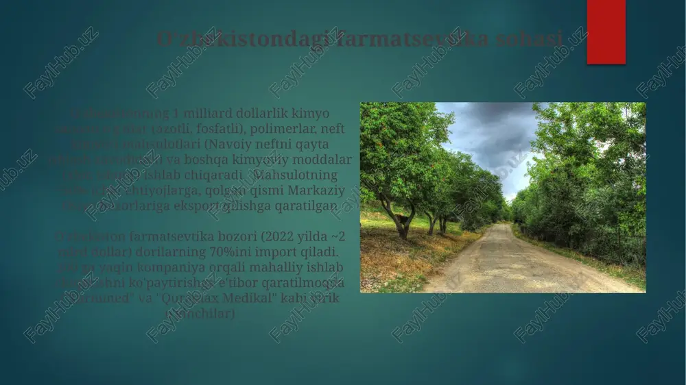 llion dollardan ortiq investitsiyalar kiritish bilan asosiy o'yinchi hisoblanadi 2022-yilda o'zbekiston kimyo sanoatiga $200 million atrofida to'g'ridan-to'g'ri xorijiy investitsiyalar jalb qilindi, asosan polipropilen va polietilen kabi sohalarda ishlab chiqarish quvvatini 30% ga oshirishga qaratilgan o'zbekiston kimyo sanoati haqida umumiy ma'lumot o'zbekistonning 150 dan ortiq korxonalarini o'z ichiga olgan kimyo sanoati yiliga taxminan 2 milliard dollarlik mahsulot ishlab chiqaradi. asosiy yo'nalishlar: navoiy va farg'ona viloyatlarida o'g'itlar, olting'kum va muborakda neft-kimyo mahsulotlari hamda toshkentda farmatsevtika navoiyazot (azot o'g'itlari), farg'onaazot (azot va fosfat o'g'itlari) hamda o'zbekneftegaz (neft-kimyo) asosiy ishtirokchilar hisoblanadi. 2030-yilgacha modernizatsiya qilish uchun 5 milliard dollardan ortiq investitsiyalar rejalashtirilgan bo'lib, ular ishlab chiqarish quvvatini oshirish, texnologiyalarni yangilash va maxsus kimyoviy mahsulotlarga ixtisoslashishga qaratilgan o'zbekistonning 300 dan ortiq korxonalari bo'lgan kimyo sanoati 2022 yilda taxminan 2 milliard dollarlik mahsulot ishlab chiqargan bo'lib, asosan o'g'itlar (karbamid, diammonium fosfat), plastmassalar (polipropilen, polietilen) va neft-kimyo mahsulotlariga navoiy, farg'ona vodiysida va toshkent viloyatlarida ixtisoslashgan farg'ona vodiysining tabiiy …