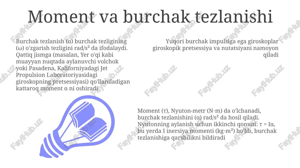 lanishini tavsiflaydi (masalan, yer tortish kuchi ta'sirida (g ≈ 9 neytonning aylanish bo'yicha ikkinchi qonuni: στ = iα. bu yerda στ - to'liq moment (n⋅m), i - inersiya momenti (kg⋅m²), α - burchak tezlanish. 1 kg⋅m² inersiya momentiga ega volan 5 n⋅m moment ta'sirida. giroskopik pretsessiya giroskopik pretsessiya – qattiq jismning aylanish dinamikasining asosiy printsipi bo'lib, aylanayotgan rotorning qo'llanilgan momentga 90 graduslik kechiktirilgan reaksiyasini tasvirlaydi giroskopik pretsessiya dunyo boʻylab koʻplab dasturlarda qoʻllaniladi. giroskop, giroskopik pretsessiyadan foydalanib, yuqori burchak impulsi tufayli o'z yo'nalishini saqlaydi. aylanuvchi volchok (klassik misol) yoki aylanuvchi velosiped g'ildiragi (barqarorlikni namoyish etadi) bu prinsipni tasvirlaydi e'tiboringiz uchun rahmat @taqdimot_robot image1.jpeg image2.jpeg image3.jpeg
