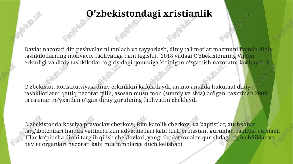 va boshqa ko'plab sufiylik tariqatlari ta'siri saqlanib qolgan. o'zbekiston din ishlari qo'mitasi islom amaliyotlarini nazorat qiladi. ro'yxatdan o'tmagan, ayniqsa, hanafiy sunniy islomdan tashqari deb hisoblangan diniy faoliyat cheklangan 1943-yilda tashkil topgan mbu toshkent, samarqand va boshqa yirik shaharlarda 15 ta islom ta'lim muassasasi (masalan, madrasalar)ni o'z ichiga olgan diniy ta'limni nazorat qiladi. chet el diniy tashkilotlari qat'iy tartibga solinadi; ro'yxatdan o'tmagan diniy faoliyat huquqiy oqibatlarga olib keladi jamiyatning dinga munosabati o'zbekistonning 90% dan ortiq musulmon aholisi turli darajadagi dinparvarlikni namoyon qiladi, bu toshkent va samarqand kabi shaharlardagi ijtimoiy normalar va diniy ifodaga oid hukumat siyosatiga ta'sir qiladi o'zbekistonda dinga munosabat sovet davri ateizmi va hozirgi hukumat siyosati ta'sirida murakkabligicha qolmoqda. din namoyon bo'lishi tobora ko'proq kuzatilsa-da (taxminan 2000 ro'yxatdan o'tgan masjid bor), diniy ta'lim va ro'yxatdan o'tmagan diniy guruhlar faoliyatiga cheklovlar davom etmoqda o'zbekiston hukumatining imomlarni tayinlash va diniy matnlarni senzura qilishni o'z ichiga olgan diniy tashkilotlar ustidan nazorati, mamlakatning …