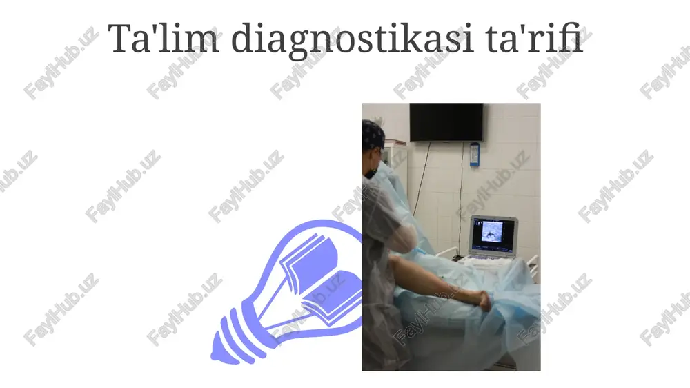 ar) ta'minlaydi. ta'lim diagnostikasida diagnostik suhbatlar ta'lim muassasalarida o'quv qiyinchiliklari (masalan, disleksiya) diagnostikasi uchun tuzilgan (dsm-5, k-sads-pl kabi) va tuzilmagan intervyular, shuningdek, kuzatishlar va o'qituvchi/ota-ona hisobotlari qo'llaniladi. ta'lim diagnostikasidagi baholash usullari ta'lim diagnostikasining maqsadi maktabdagi 100 o'quvchining o'quv ehtiyojlarini aniqlash uchun turli baholash vositalari (masalan, viskonsin bolalar intellekti shkalasi-5-nashr (wisc-v) kabi standartlashtirilgan testlar, savodxonlik bo'yicha o'quv dasturiga asoslangan o'lchovlar (cbm) va o'qituvchilarning kuzatishlari)dan foydalaniladi e'tiboringiz uchun rahmat @taqdimot_robot image4.jpg image5.jpg image6.jpg image7.jpg image8.jpg image9.jpg image10.jpg image11.jpg image12.jpg image13.jpg image14.jpg image15.jpg image16.jpg image17.jpg image18.jpg image19.jpg image20.jpg image1.jpeg image2.jpeg image3.jpeg
