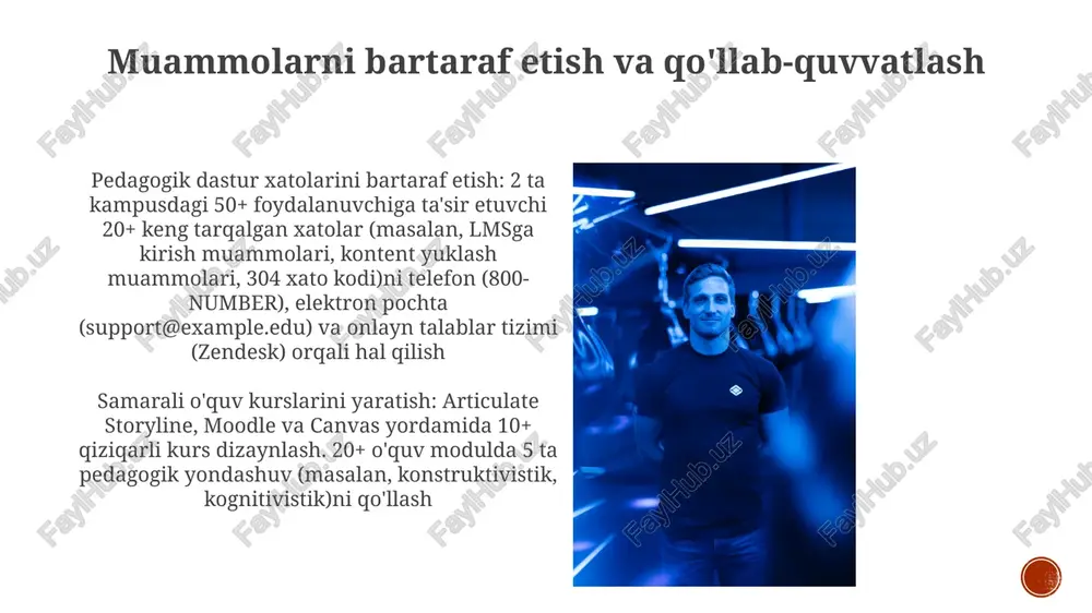 sturiy ta'minotdan foydalangan holda inklyuziv kurs dizayni turli o'quv uslublarini (vizual, auditoriy, kinestetik) va turli media vositalarini (videolar, podkastlar, interaktiv mashqlar) inobatga oladi kontent yaratish strategiyalari 100-500 talaba uchun 5-10 hafta davom etadigan, haftada 2-3 soatlik kurs dasturini bloom taksonomiyasi asosida ishlab chiqish, o'quv maqsadlarini baholash usullari (testlar, topshiriqlar, loyihalar) bilan bog'lash (moodle, canvas, blackboard). london, nyu-york, toronto shaharlarida ijtimoiy tarmoqlarda (facebook, instagram, linkedin) reklama qilish. kurs yetkazib berish usullari interaktiv elektron ta'lim modullarini yaratish uchun articulate storyline 360 yoki adobe captivate kabi vositalardan foydalanish, talabalar ishtirokini oshirish uchun gamifikatsiya elementlarini (masalan, ballar, nishonlar, reyting jadvallari) qo'shish xarajat va byudjet masalalari to'g'ri dasturni tanlash baholash va baholanish vositalari (masalan, lms ichidagi avtomatlashtirilgan baholash funksiyalari, turnitin kabi plagiat aniqlash dasturlari). london universitetidagi 5 ta turli kurs bo'limlarida talabalarning yutuqlarini (bajarish ko'rsatkichlari, test ballari) kuzatish uchun lmsdagi ma'lumotlar tahlili panellari interaktiv elektron ta'lim modullarini yaratish uchun dasturlar (articulate storyline, adobe captivate). dizayn …