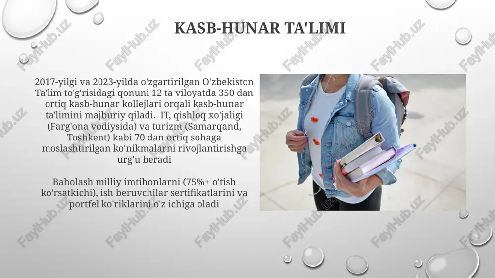 'zgartirilgan) 12 ta viloyat, shu jumladan qoraqalpog'iston respublikasida 12 yillik majburiy ta'lim tizimini joriy etdi o'rta maxsus ma'lumot sse dasturi milliy iqtisodiy ehtiyojlarga moslashtirilgan bo'lib, it (25%+ talaba), qishloq xo'jaligi (15%), qurilish (10%) va sog'liqni saqlash (10+%) sohalarida texnik ko'nikmalarga e'tibor qaratadi. har yili 300,000+ sse talabasini davlat mablag'lari, xususiy investitsiyalar va o'quv to'lovlari qo'llab-quvvatlaydi davlat akkreditatsiyasi va xalq ta'limi vazirligi tomonidan muntazam tekshiruvlar sse muassasalariga majburiy. o'zgartirishlar mamlakat bo'ylab joylashgan korxonalarda amaliyot (ko'p dasturlar uchun kamida 6 oy) orqali amaliy tayyorgarlikni ta'kidlaydi, bitiruvdan keyin ishga joylashishni yaxshilaydi boshlang'ich ta'lim 2017-yilgi, 2023-yilda o'zgartirilgan ta'lim qonuni o'qituvchilar malakasiga (50 dan ortiq pedagogika muassasalariga) yangi talablar qo'ydi, bu butun mamlakat bo'ylab taxminan 300 000 boshlang'ich maktab o'qituvchisiga ta'sir ko'rsatib, pedagogik malakani oshirdi va aktni integratsiyalashtirdi ta'lim standartlari va o'quv dasturlari o'zbekistonning ta'lim to'g'risidagi qonuni (268-ii-son, 2000-yil 29-dekabr, bir necha marta o'zgartirilgan) maktabgacha, umumiy o'rta, kasb-hunar va oliy ta'lim darajalarida 7 million atrofida …