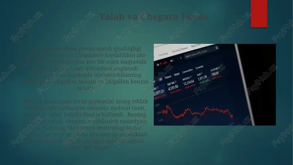 sh ishlab chiqarish xarajatlarini (ltvning asosiy e'tibori) va iste'molchi afzalliklarini (chegara foydalanishning asosiy e'tibori) inobatga olishni talab qiladi ortiqcha qiymat va ekspluatatsiya empirik tadqiqotlar (masalan, vyetnamda kiyim ishchilarining ish haqini londondagi chakana narxlar bilan solishtirish kabi global ta'minot zanjiri tahlillari) mehnat nazariyasining ishlab chiqarish xarajatlariga va chegaraviy foyda nazariyasining iste'molchilar afzalliklariga urg'u berishidagi farqlarni ko'rsatadi mehnat nazariyasi qiymat mahsulotning ijtimoiy jihatdan zarur mehnat vaqtidan kelib chiqishini (masalan, bangladeshda ko'ylak ishlab chiqarish uchun 10 soat) ta'kidlaydi muvozanat narx va chegaraviy foyda chegara foydalanish nazariyasi (mfn) biror mahsulotning iste'mol miqdori ortishi bilan uning qiymati kamayishini, bu esa talab egri chizig'ining pastga qarab yo'nalishini tushuntiradi. bu mehnat sarfini asosiy omil deb hisoblaydigan ltvdan farq qiladi mehnat qiymatini aniqlash tovar qiymatini ishlab chiqarish uchun zarur bo'lgan ijtimoiy mehnat vaqtiga tenglashtiradi (smit, rikardo). masalan, angliyada stul uchun 10 soat, manchestardagi ishchi mahorati va texnologiya taraqqiyoti asosida farq qilishi mumkin. mehnat qiymat nazariyasi (mqn) – tovar …