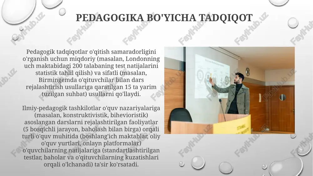 in o'tkazilgan ma'lumotlar tahlili 12 haftalik harakat mavzusi o'tilgandan so'ng nyuton fizikasi tushunchasida sezilarli yaxshilanishni ko'rsatdi; linkoln county maktab okrugi standartlashtirilgan test natijalari yangi o'quv dasturining joriy etilishi bilan musbat korrelyatsiyani ko'rsatdi. ta'limda ilmiy usul k-12 fan dasturlarida ilmiy uslubning 5 bosqichi (kuzatish, savol, gipoteza, tajriba, tahlil) strukturasini qo'llaydi e'tiboringiz uchun rahmat @taqdimot_robot image3.png image4.jpg image5.jpg image6.jpg image7.jpg image8.jpg image9.jpg image10.jpg image11.jpg image12.jpg image1.png