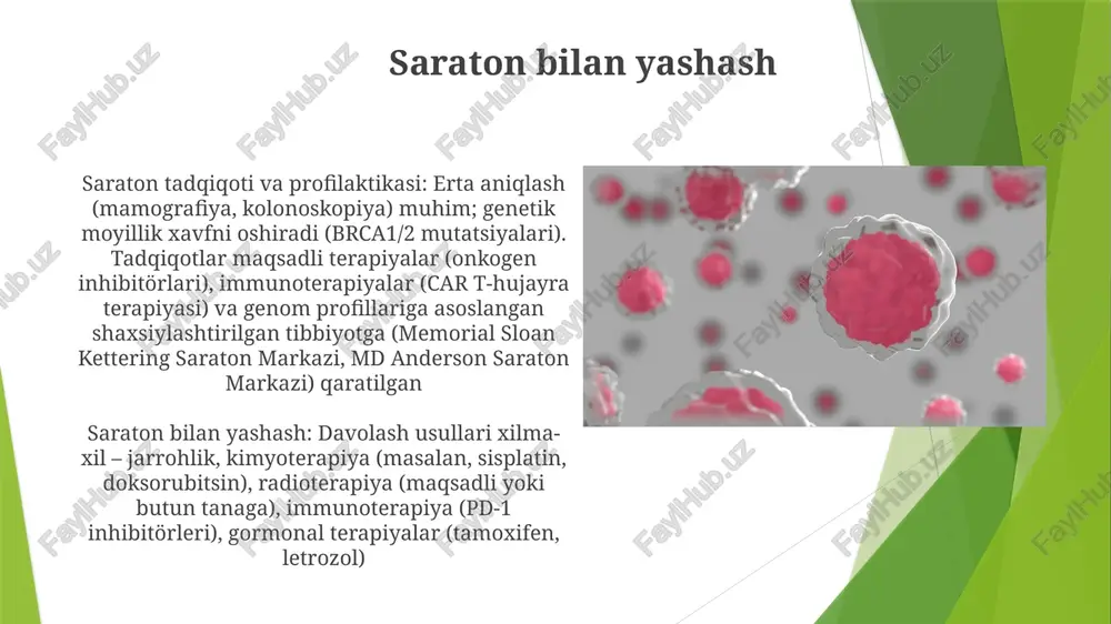 lari yoki shifoxonalarda) tashxis va bosqich saraton bosqichi uning tajovuzkorligini va tarqalishini aniqlaydi: i bosqich (mahalliy), ii bosqich (mahalliy rivojlangan), iii bosqich (hududiy tarqalgan), iv bosqich (masalan, suyak, jigar, miya kabi uzoq joylarga metastaz) prognoz omillar (masalan, gradus (1-4, hujayra differentsiatsiyasi), ki-67 indeksi (hujayra ko'payish tezligi) va genetik markerlar (masalan, o'pka saratonida egfr mutatsiyalari)) omon qolish prognoziga ta'sir qiladi. bu omillar patologiya xulosalari va genetik testlar orqali aniqlanadi erta aniqlash va skrining 50 yoshdan oshgan erkaklar uchun prostata saratonini aniqlashda prostataspesifik antigen (psa) tekshiruvi va raqamli rektal tekshiruv (dre) keng qo'llaniladi, biroq ularning samaradorligi bo'yicha tortishuvlar mavjud. tekshiruv usullarining geografik farqi buyuk britaniya va avstraliya kabi mamlakatlarda erta aniqlash darajasiga ta'sir qiladi. 50 yoshdan boshlab fekal immunoximik tekshiruv (fit) yoki kolonoskopiya orqali yo'g'on ichak saratonini erta aniqlash aqsh va jahon bo'yicha o'lim darajasini sezilarli darajada kamaytiradi. amerika saraton jamiyati individual xavf omillariga asoslangan muntazam tekshiruvdan o'tishni tavsiya qiladi. e'tiboringiz uchun …