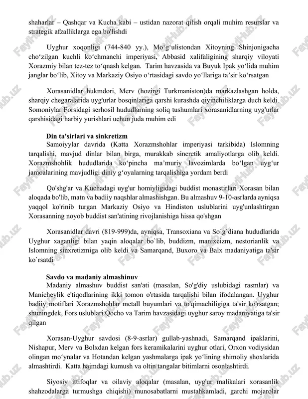 shni bir qancha muhim janglar (tarixchilar aniq sanalar haqida bahslashadi), siyosiy vaziyatni sezilarli darajada o'zgartirdi. uyghurlar tarim havzasidagi muhim vohalar va shaharlar – qashqar va kucha kabi – ustidan nazorat qilish orqali muhim resurslar va strategik afzalliklarga ega bo'lishdi uyghur xoqonligi (744-840 yy.), moʻgʻulistondan xitoyning shinjonigacha choʻzilgan kuchli koʻchmanchi imperiyasi, abbasid xalifaligining sharqiy viloyati xorazmiy bilan tez-tez toʻqnash kelgan. tarim havzasida va buyuk ipak yoʻlida muhim janglar boʻlib, xitoy va markaziy osiyo oʻrtasidagi savdo yoʻllariga taʼsir koʻrsatgan xorasanidlar hukmdori, merv (hozirgi turkmaniston)da markazlashgan holda, sharqiy chegaralarida uyg'urlar bosqinlariga qarshi kurashda qiyinchiliklarga duch keldi. somoniylar forsidagi serhosil hududlarning soliq tushumlari xorasanidlarning uyg'urlar qarshisidagi harbiy yurishlari uchun juda muhim edi din ta'sirlari va sinkretizm samoiyylar davrida (katta xorazmshohlar imperiyasi tarkibida) islomning tarqalishi, mavjud dinlar bilan birga, murakkab sincretik amaliyotlarga olib keldi. xorazmshohlik hududlarida koʻpincha maʼmuriy lavozimlarda boʻlgan uygʻur jamoalarining mavjudligi diniy gʻoyalarning tarqalishiga yordam berdi qo'shg'ar va kuchadagi uyg'ur homiyligidagi buddist monastirlari …