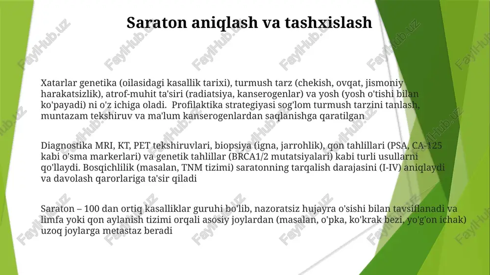 miya (koʻpincha bolalarda tashxislanadi) kabi turli organlarga taʼsir qiladi saraton xavf omillari atrof-muhit kanserogenlari: tamaki tutuni (oʻpka, siydik pufagi, buyrak saratonlari); asbest (mezotelioma, oʻpka saratoni); radiatsiya taʼsiri (uv, ionlashtiruvchi); havo ifloslanishi (pm2.5 oʻpka saratoniga bogʻliq); kasbiy xavflar (benzol, mishyak). oʻpka saratonining 80% dan ortigʻi chekish bilan bogʻliq saraton sabablari saraton metastazi o'sma hujayralarining asosiy o'sma joyidan (masalan, ko'krak saratoni suyakka, jigarga yoki o'pkaga tarqalishi) qon yoki limfa tizimi orqali tarqalishini anglatadi saraton hujayralardagi dnk mutatsiyalari tufayli, ko'pincha tamaki tutuni (70 dan ortiq ma'lum kanserogenlarni o'z ichiga oladi), asbest (o'pka va plevrada mezotelioma bilan bog'liq) va radiatsiya (quyoshdan ultrabinafsha nurlanishi melanomani, chernobildan ionlashtiruvchi nurlanish leykemiyani keltirib chiqaradi) kabi kanserogenlardan kelib chiqadi saraton davolash usullari saraton, 100 dan ortiq kasalliklarni o'z ichiga olgan holda, nazoratsiz hujayra o'sishini anglatadi; davolash saraton turiga (masalan, o'pka, ko'krak, prostata), bosqichiga (i-iv) va bemor omillariga bog'liq onkologlar (terapevt, jarroh, radiolog), patologlar, radiologlar, hamshiralar va yordamchi xodimlarni o'z …