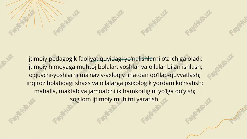 asalari, mahalla, nodavlat tashkilotlar va ijtimoiy himoya tizimlarida keng qo‘llanilmoqda. bu esa fanning nafaqat nazariy, balki amaliy asoslarini mustahkamladi. shuningdek, ijtimoiy pedagogika mustaqillik davrida yoshlar siyosati, ijtimoiy himoya, oilaviy tarbiya, yetim va mehribonlik uylari tarbiyalanuvchilarini qo‘llash kabi yo‘nalishlarda kengayib bormoqda. davlatning “yoshlar — kelajagimiz”, “obod qishloq”, “inson qadri uchun” kabi dasturlari bu yo‘nalishga qo‘llab-quvvatlovchi kuch bo‘lib xizmat qilmoqda. shu tariqa, o‘zbekistonda ijtimoiy pedagogika fani bosqichma-bosqich rivojlanib, mustaqil, amaliy va nazariy jihatdan yetuk fan sifatida shakllandi. bu esa jamiyatdagi ijtimoiy barqarorlik va ma’naviy tarbiya tizimini mustahkamlashga xizmat qilmoqda. 3. mustaqillik davrida ijtimoiy pedagogika rivojining yangi yo‘nalishlari mustaqillik yillarida o‘zbekistonda ijtimoiy pedagogika fani nafaqat nazariy, balki amaliy jihatdan ham keng rivojlandi. shu davrda bu fan yoshlarni ijtimoiy, ma’naviy va psixologik jihatdan qo‘llab-quvvatlash, ularni jamiyatga moslashuvini ta’minlash bo‘yicha asosiy yo‘nalishlardan biri sifatida shakllandi. bugungi kunda ijtimoiy pedagoglar maktab va kollejlar, oliy ta’lim muassasalari, mahalla, nodavlat tashkilotlar va ijtimoiy himoya tizimlarida faoliyat yuritadi. ularning …