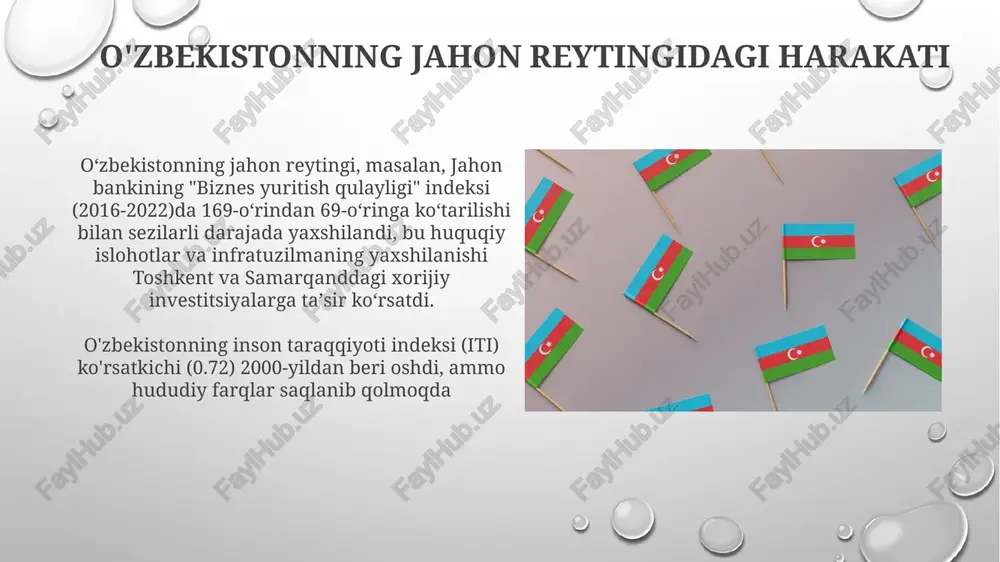 an, 90-o'rin) ta'sir ko'rsatmoqda. o'zbekistonning 2023 yildagi inson huquqlari reytingi (masalan, freedom house, 7/100) mintaqadagi qo'shnilaridan (qozog'iston, qirg'iziston) past bo'lib, jahon bankining boshqaruv ko'rsatkichi reytingiga (masalan, 35/190) ta'sir ko'rsatmoqda e'tiboringiz uchun rahmat @taqdimot_robot image3.png image4.jpg image5.jpg image6.jpg image7.jpg image8.jpg image9.jpg image10.jpg image1.png