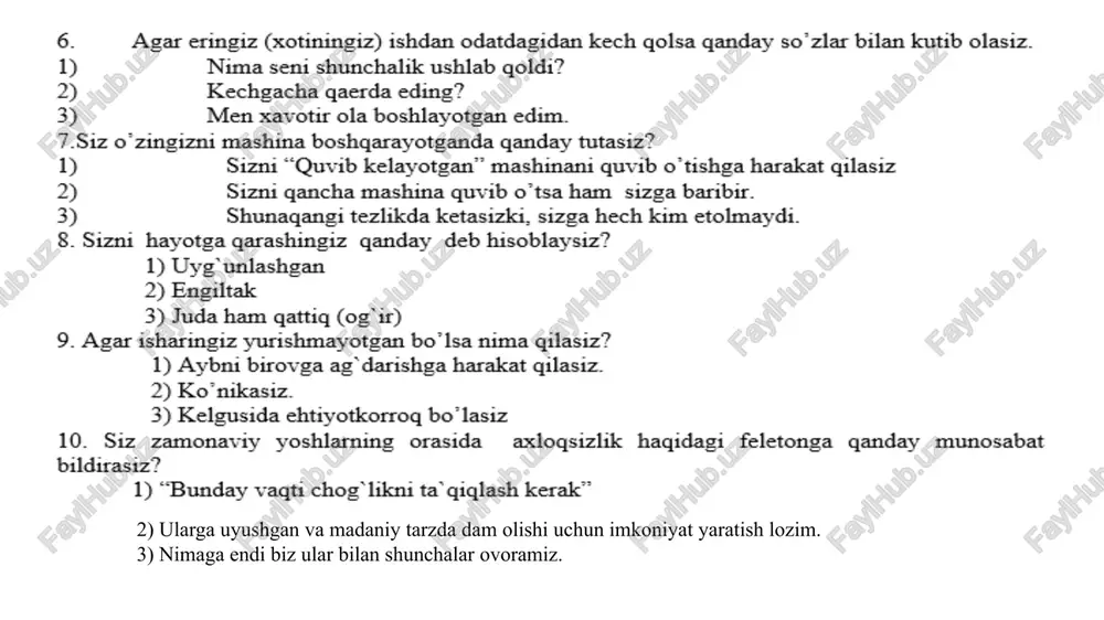 i tashkil qiladi. shkala umumiy hissiy shikoyatlarning intensivligini xarakterlaydi. aytish kerakki, shkala klinik sindromlar u yoki bu kasallikni aniqlab bermaydi. ular tomonidan seziladigan darmonsizlikning umumiy birikmasini tashkil qiladi. natijalarni baholash. birinchi 4 shkala 0 dan 24 ballgacha (har bir shkala 6 punktdan iborat) 5 shkala uchun 0 dan 96 ballgacha bo’lishi mumkin. c.d.spilberger - y.l.xaninning “xavotirlanish darajasini aniqlash” metodikasi mazkur so’rovnoma c.d.spilberger tomonidan ishlab chiqilgan bo’lib, vaziyat bilan bog`liq xavotirlanuvchanlik (vx) hamda shaxs bilan bog`liq xavotirlanuvchanlik (shx) darajasini aniqlashga xizmat qiladi (so’rovnoma y.l.xanin tomonidan modifikatsiya qilingani tufayli ko’pincha «spilberger – xanin so’rovnomasi» deb yuritiladi). so’rovnoma 40 ta ta`kid – hukmdan iborat (20 ta ta`kid – hukm vx darajasini, 20 ta ta`kid – hukm shx darajasini o’lchashga xizmat qiladi). vaziyat bilan bog`liq xavotirlanuvchanlik shkalasi (vx) ko’rsatma: berilgan ta`kid – hukmlarga qanchalik qo’shilishingizni bildiring. buning uchun har bir ta`kid – hukm qatorida keltirilgan va tegishli javob variantining ustunida berilgan raqamlar (1,2,3,4) dan …